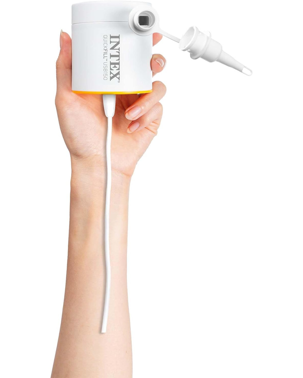 Eine weiße Intex Quick Fill USB 150 Luftpumpe mit orangefarbenem Detail.