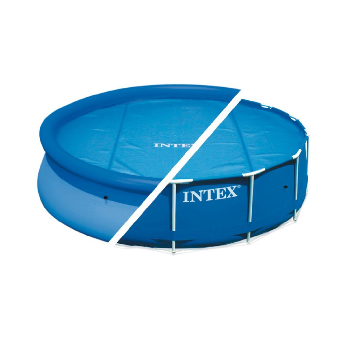 Ein runder blauer Intex-Pool mit blauem Deckel, weißem Rahmen. Weißer Hintergrund.