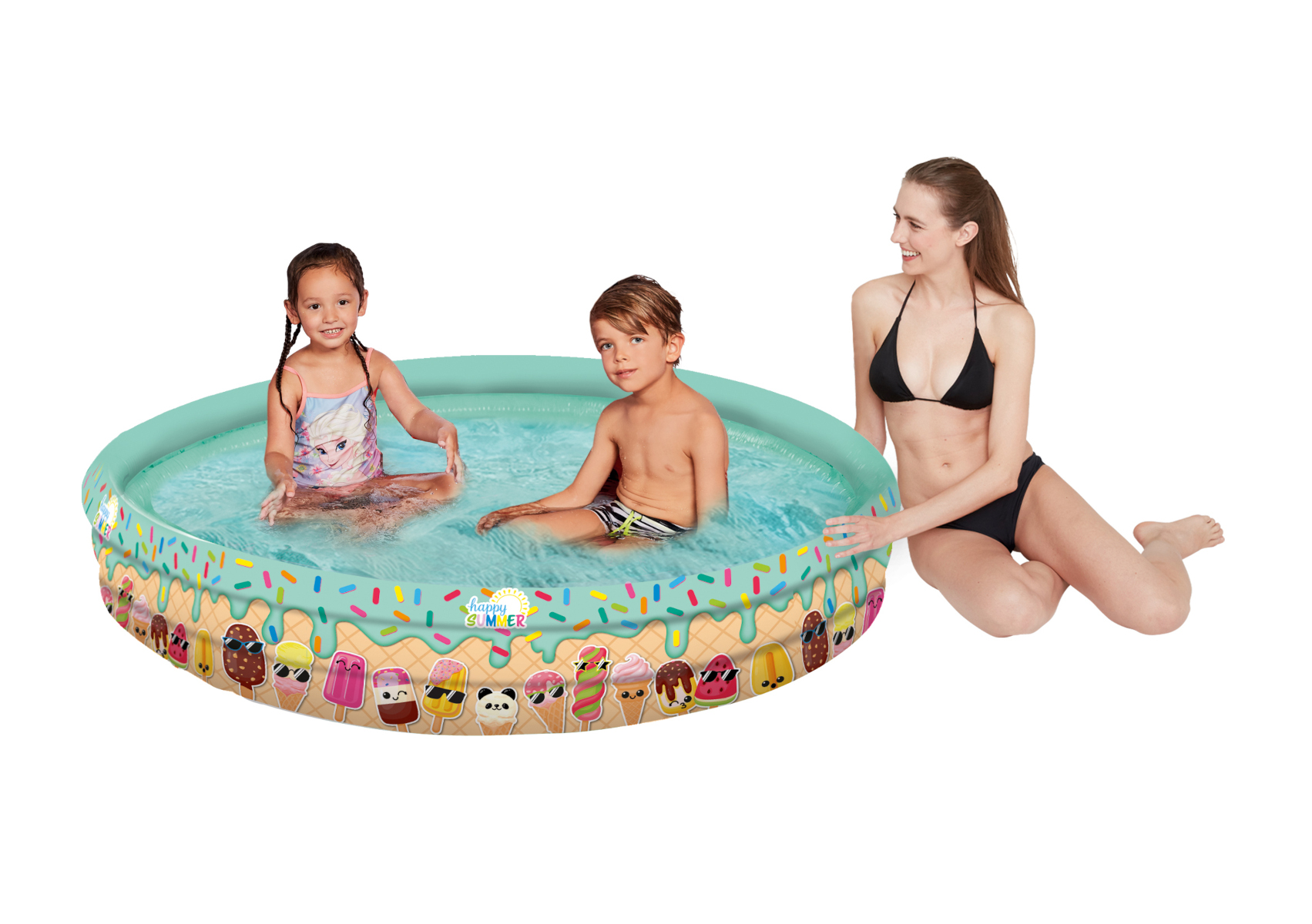 Pool mit zwei Kindern und einer Frau, mit Eiswaffel-Dekorationen.