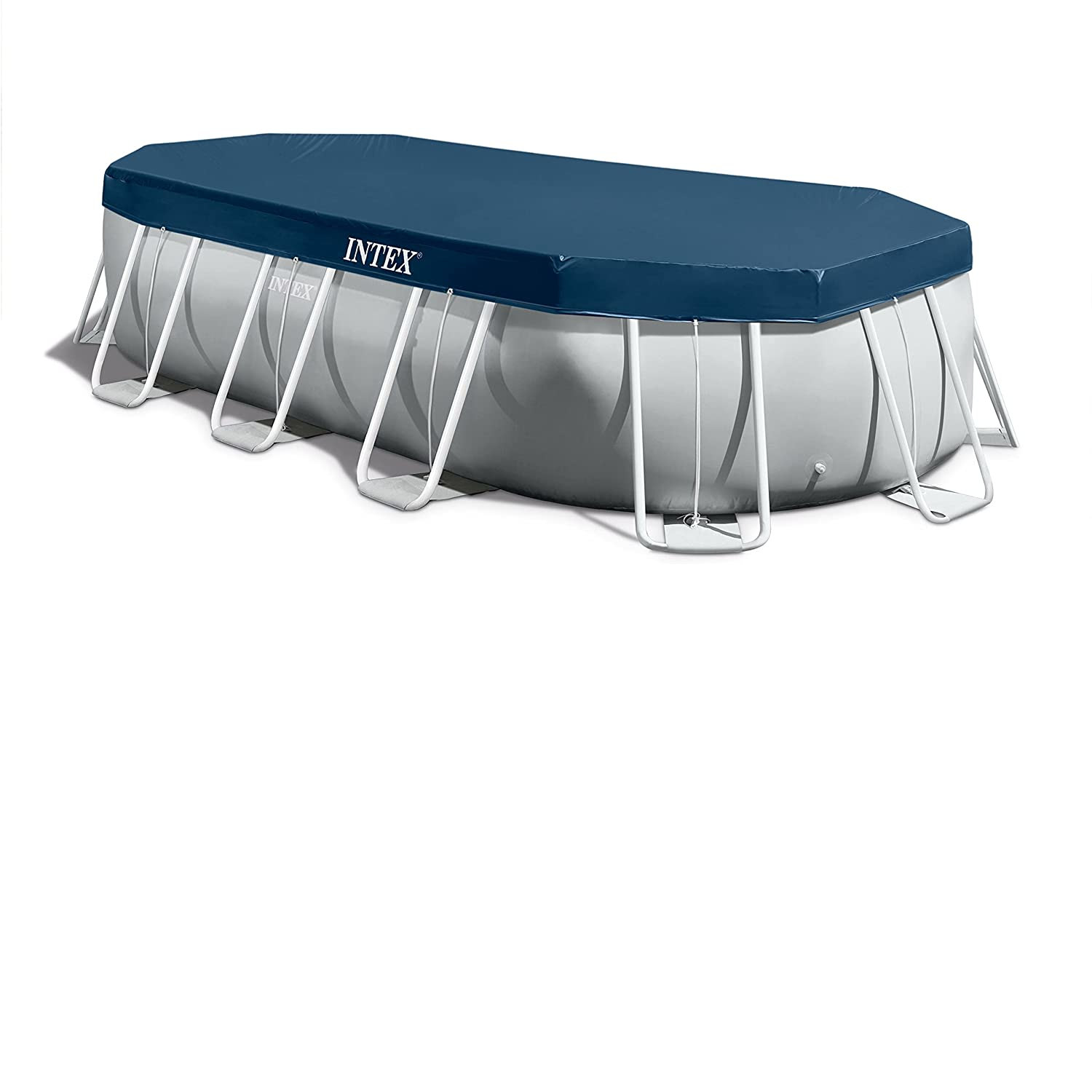Rechteckiger Intex-Aufstellpool mit dunkelblauer Abdeckung. Weißer Hintergrund.