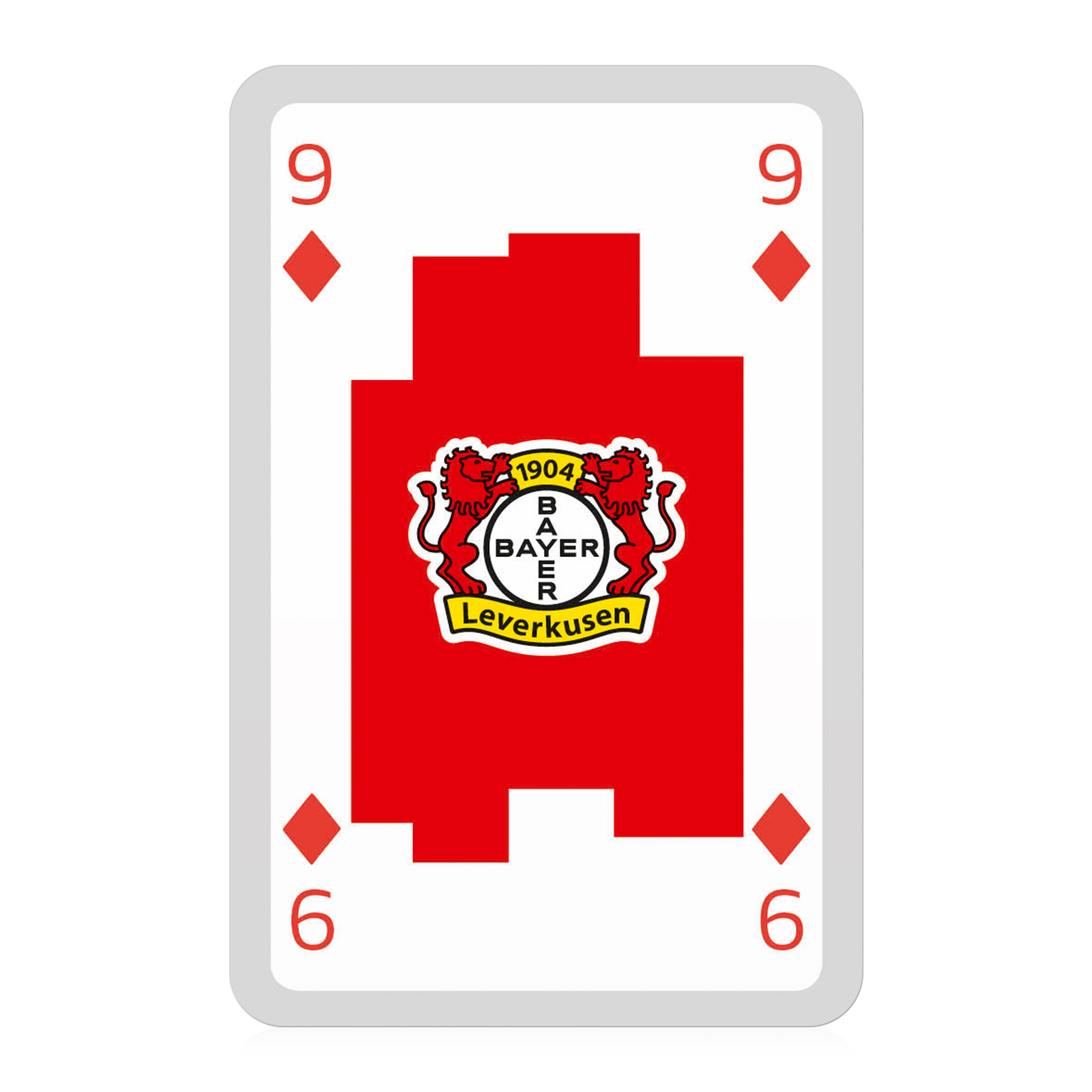 Spielkarte, Karo Neun. Bayer Leverkusen Logo in der Mitte.