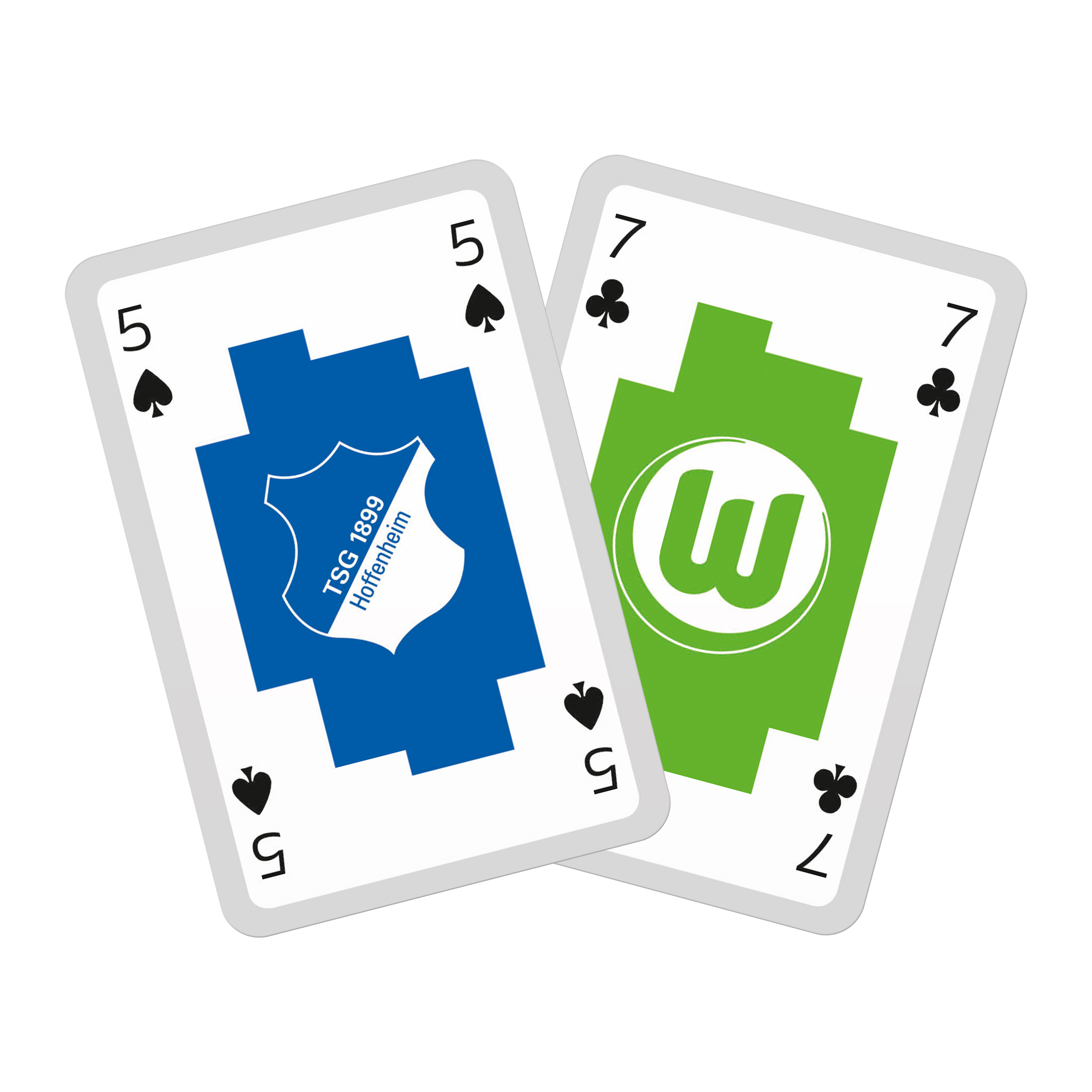 Zwei Spielkarten. Eine ist eine 5 Pik mit einem TSG Hoffenheim-Logo. Die andere ist eine 7 Kreuz.