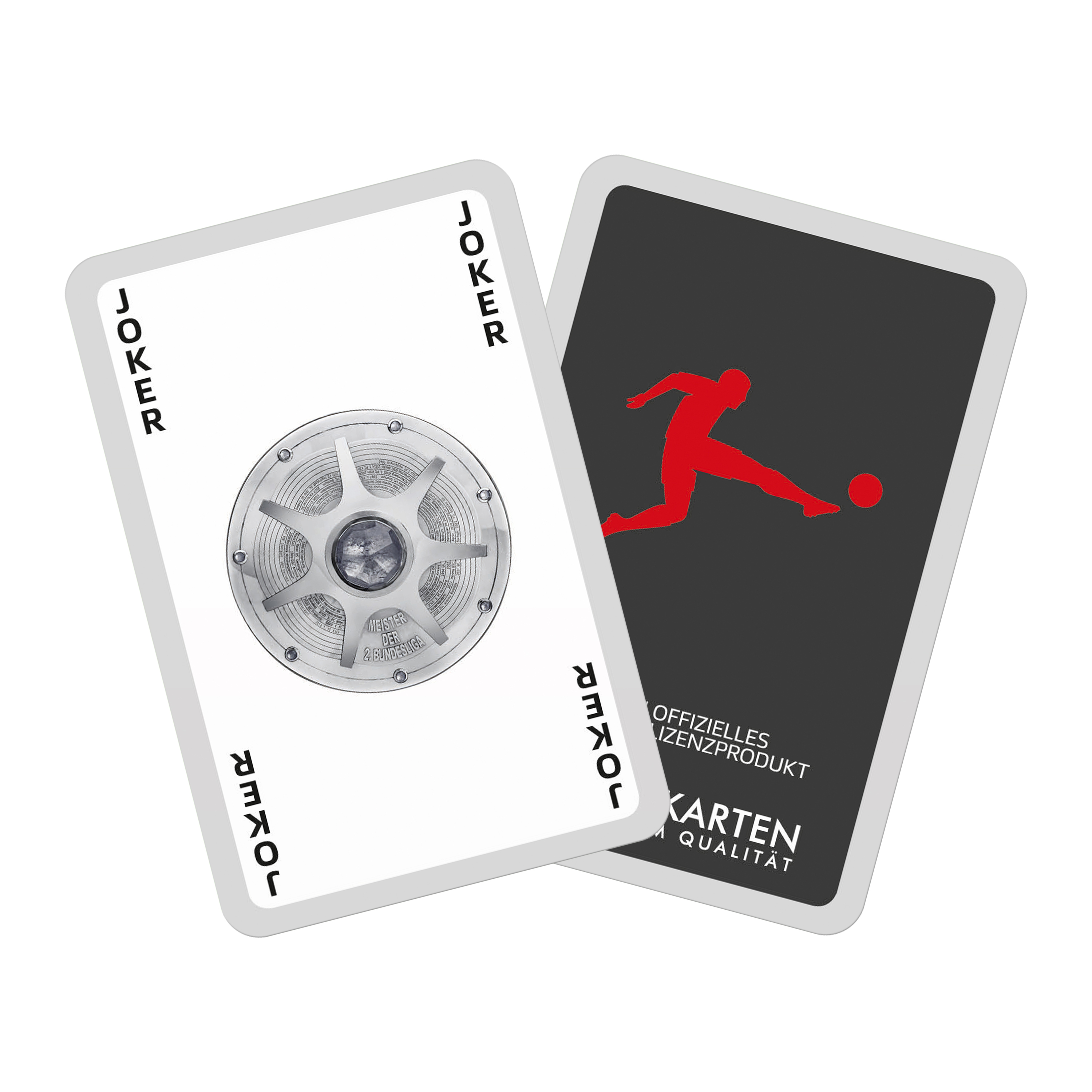 Zwei Spielkarten. Eine ist ein Joker mit einem silbernen Objekt. Die andere ist ein roter Fußballspieler auf Schwarz.