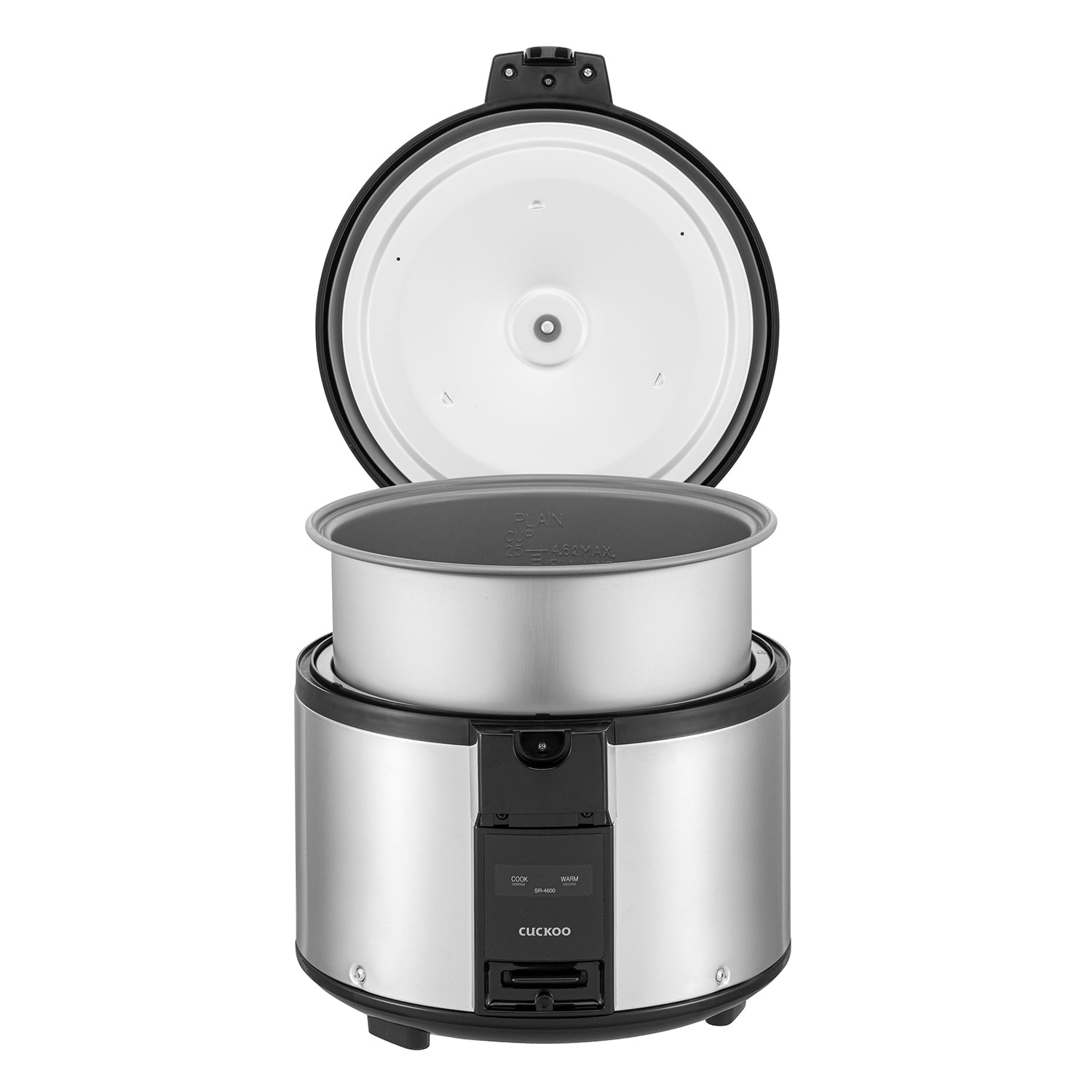 Garnek do ryżu ze stali nierdzewnej z otwartą pokrywą i metalowym garnkiem w środku.