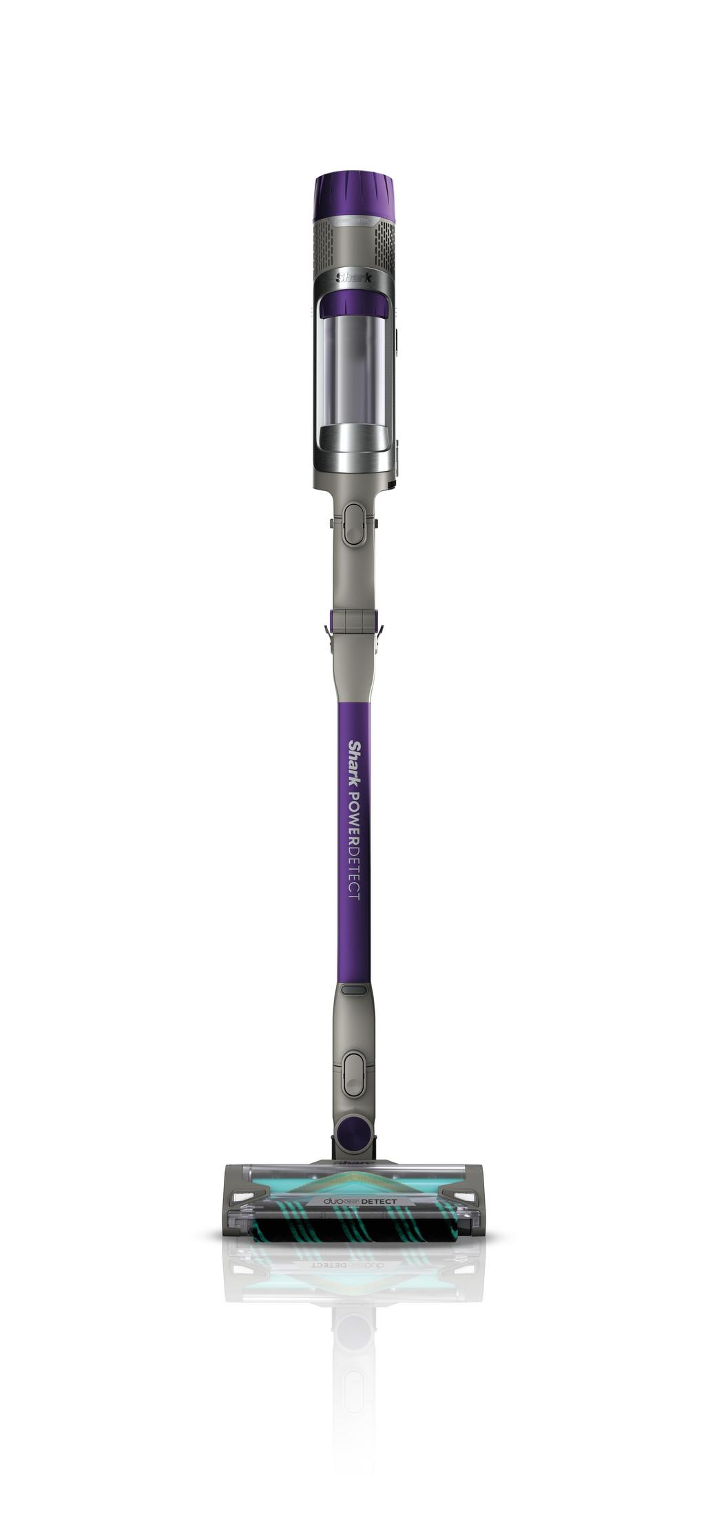 A purple and grey Shark POWERDETECT stick vacuum cleaner. The background is white.