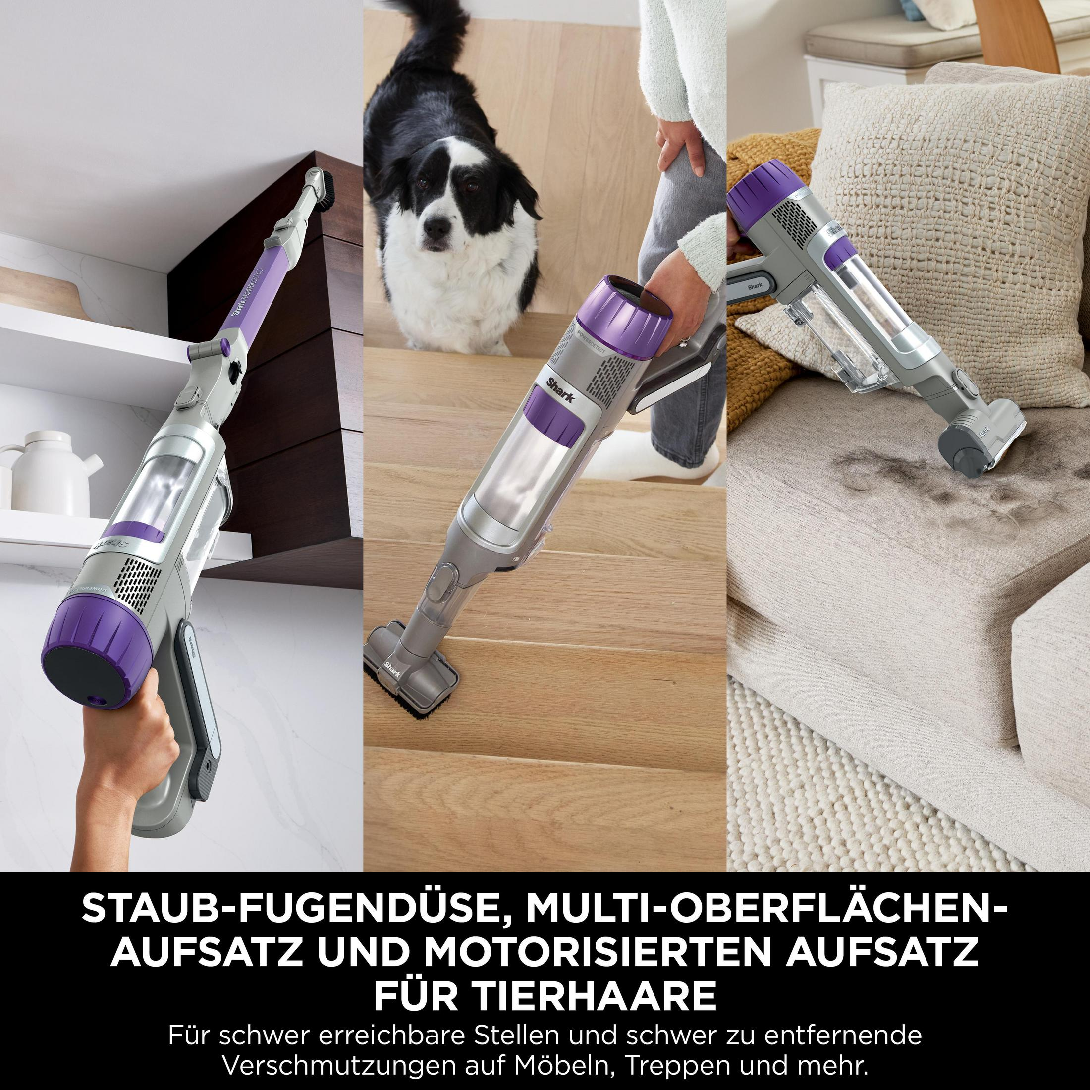 A multi-paneled image of vacuum cleaner use on stairs, furniture and a pet.