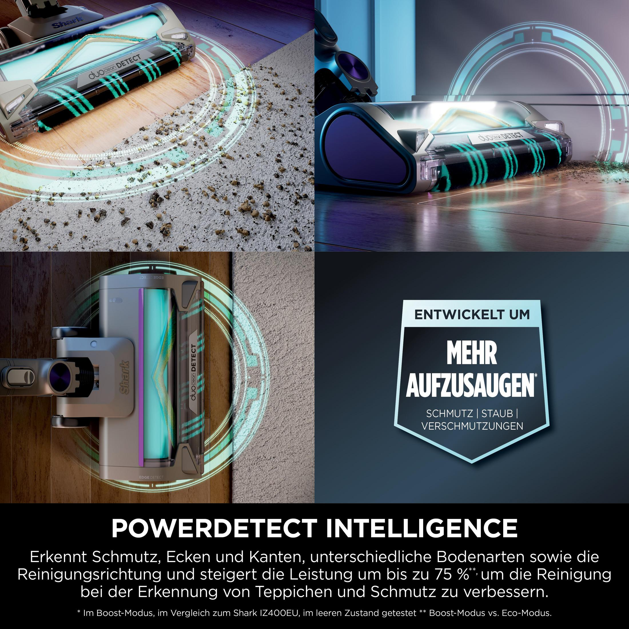 Close-up shots of a Shark vacuum's features, with text about its PowerDetect intelligence.
