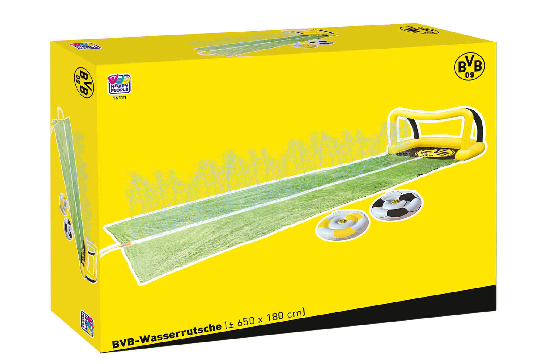 Eine Schachtel mit einer BVB-Wasserrutsche und einem Mini-Fußballtor-Set.