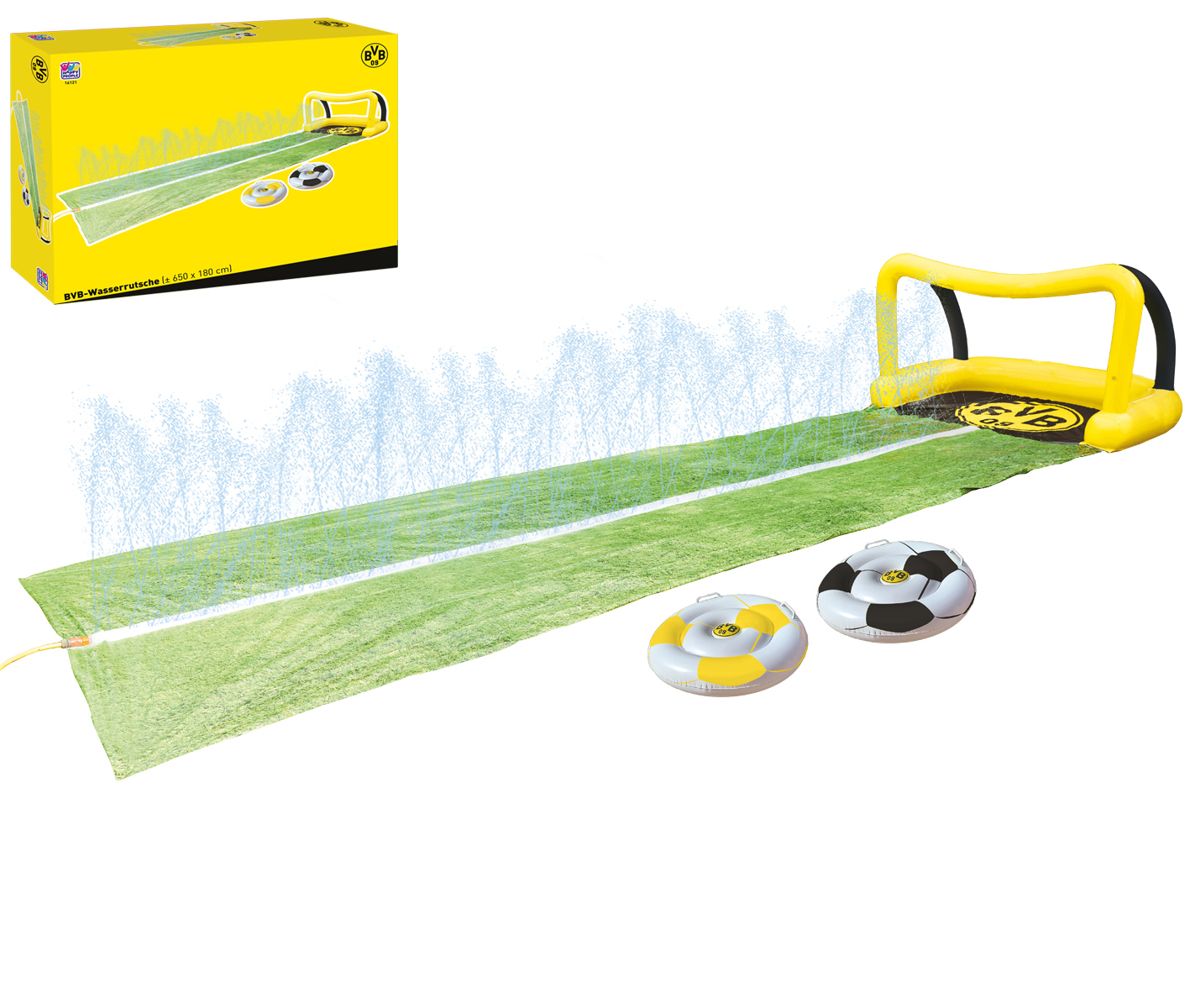 Wasserrutsche mit Fußballtor, zwei schwimmenden Fußbällen und einem Wasserspray.