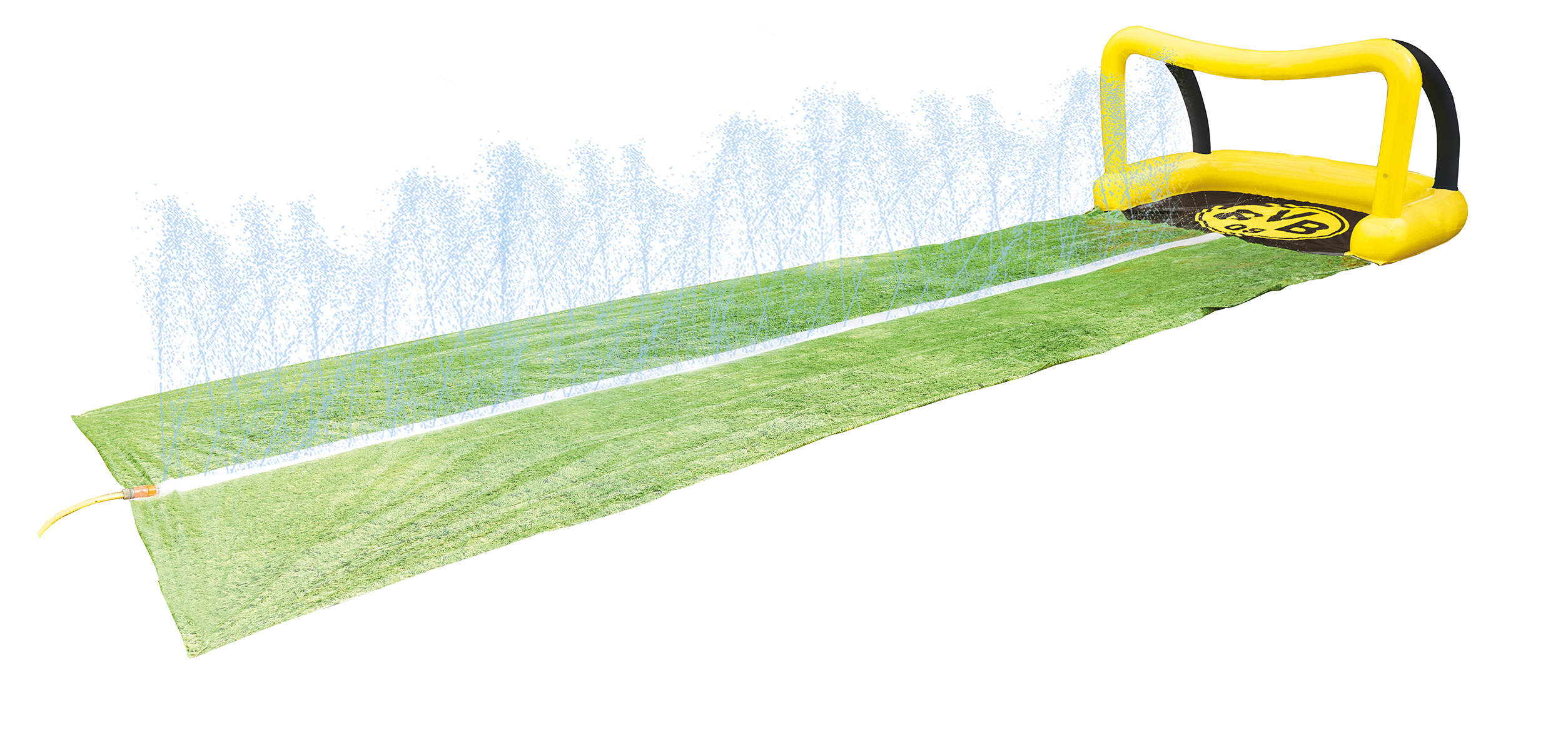 Eine grüne Wasserrutsche mit gelbem Tor und Wasser, das aus den Sprinklern spritzt.