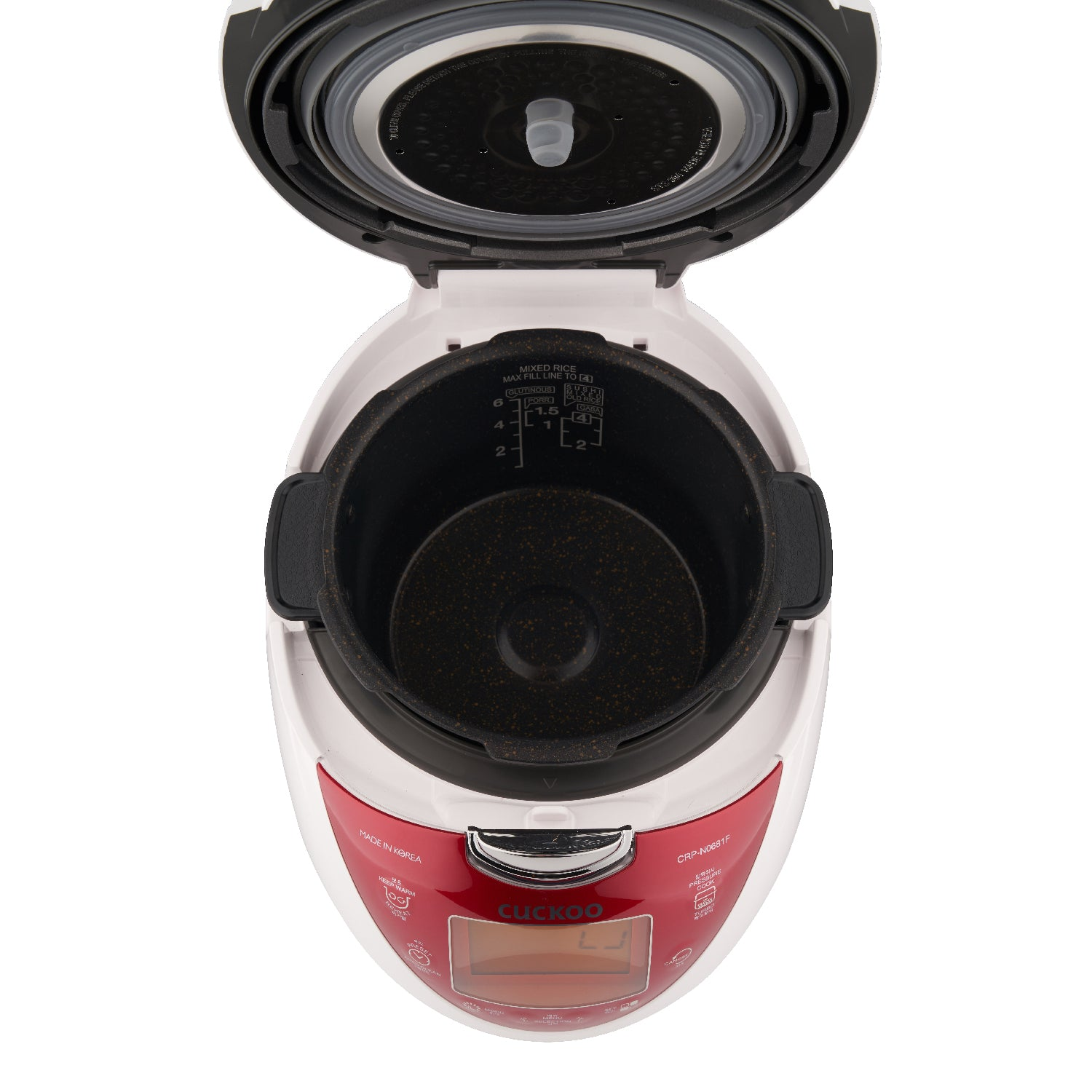 Biało-czerwony ryżowar, otwarty, pokazujący wewnętrzny garnek i jego szczegóły.