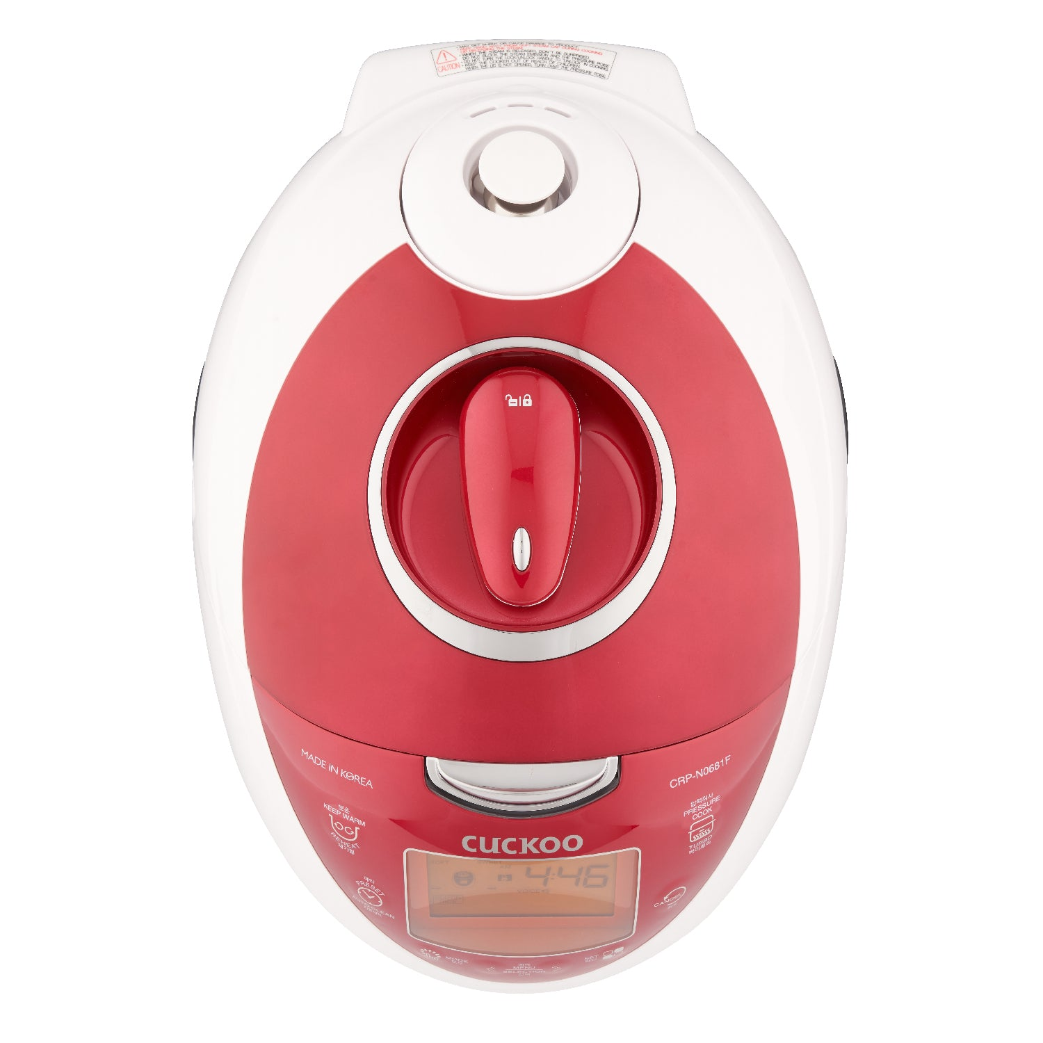 Widok z góry na biało-czerwony garnek do gotowania ryżu z wyświetlaczem cyfrowym i przyciskami.