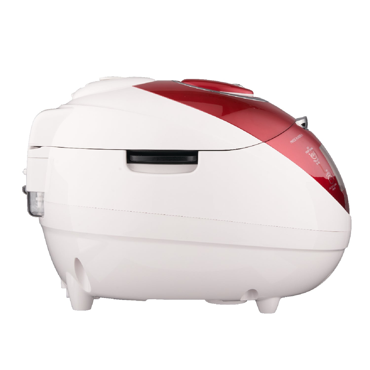 Biała i czerwona ryżowarnica pokazana z boku. Ma zakrzywioną konstrukcję i stoi na białej powierzchni.