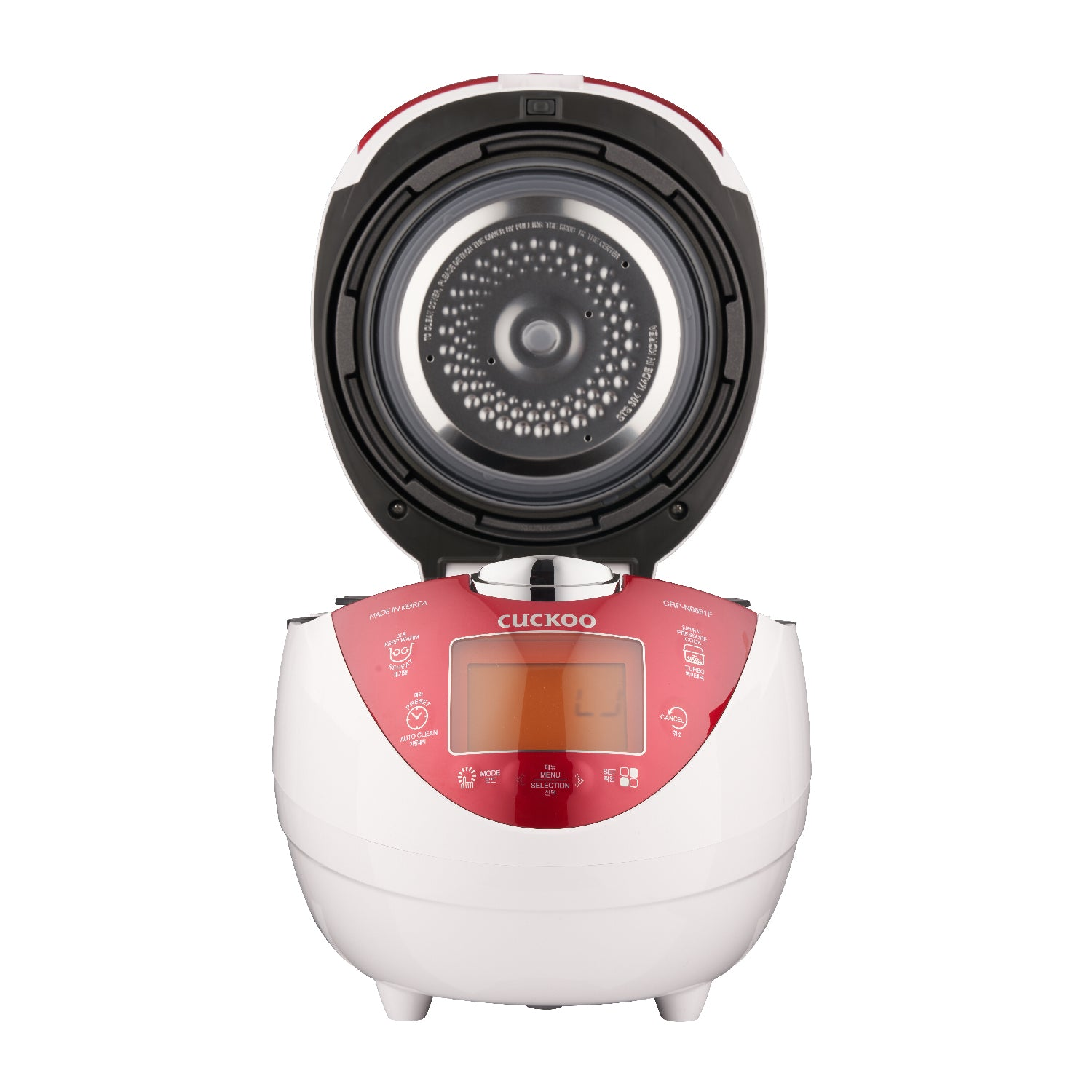 Czerwono-biały ryżowar, otwarty, pokazujący wewnętrzny garnek i panel sterowania.