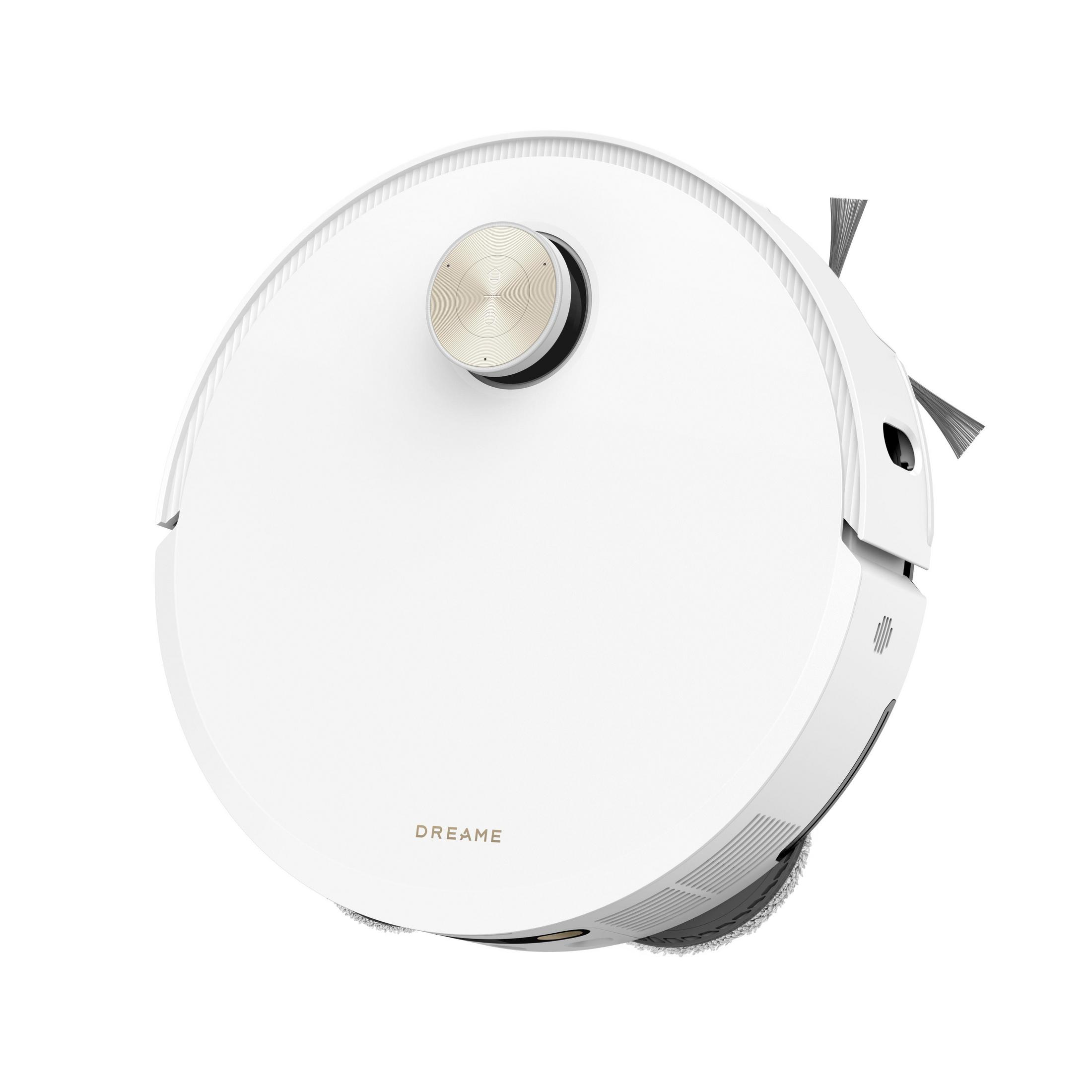 Odkurzacz automatyczny, widok z góry. Jest biały. Tło jest białe.