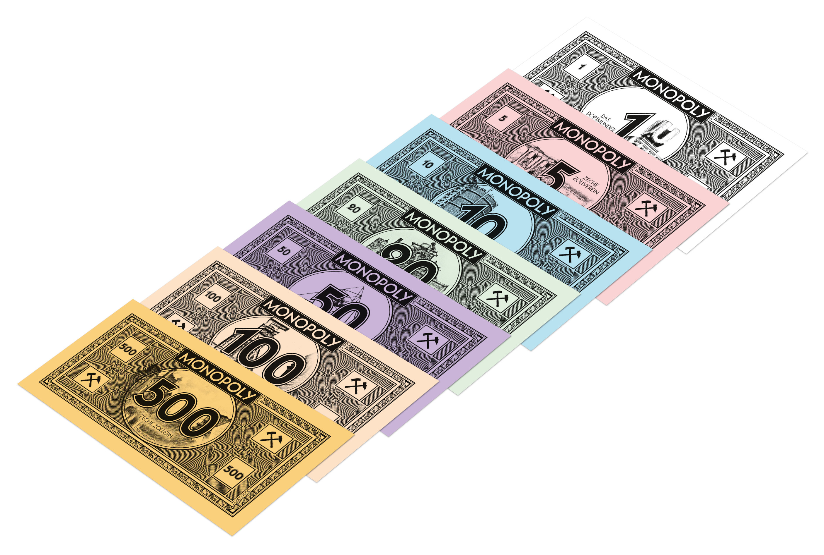 Monopoly-Geld in verschiedenen Stückelungen. Die Scheine sind fächerförmig angeordnet.