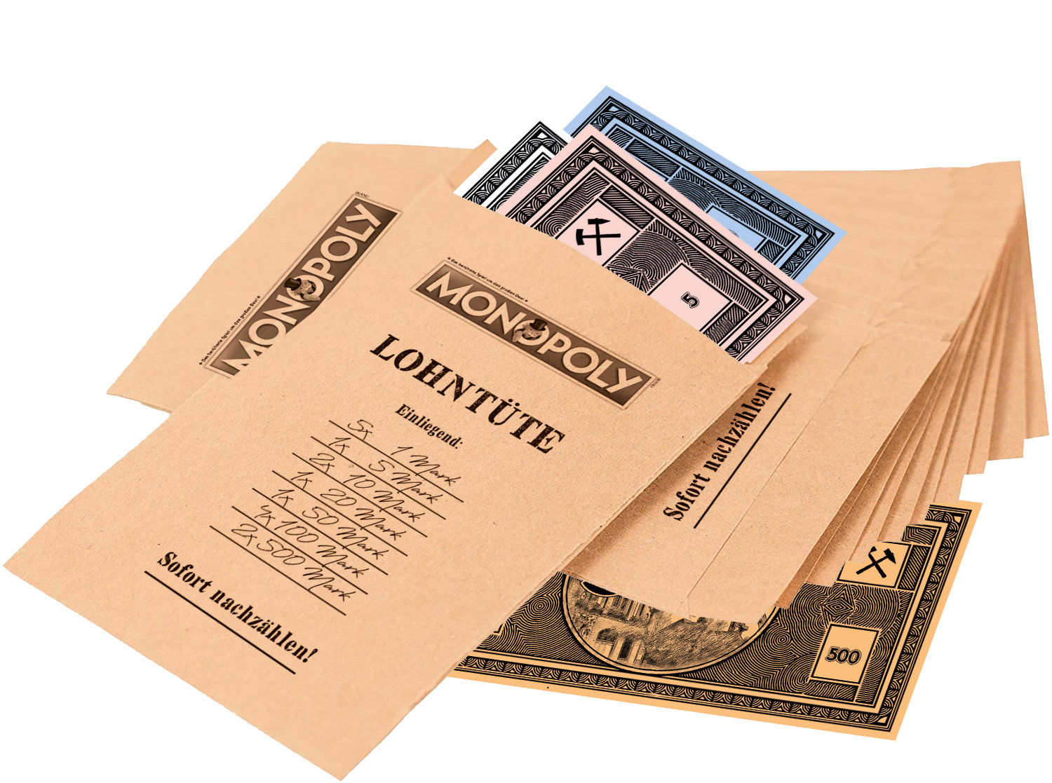 Monopoly-Spielgeldumschläge mit Text und verschiedenen Banknoten.