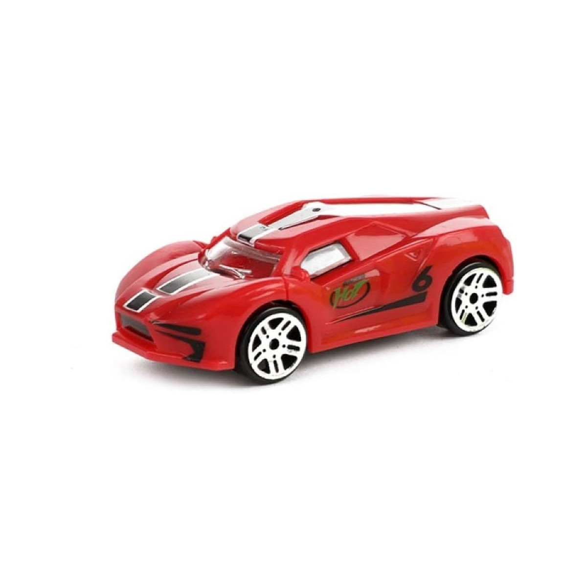 Rotes Spielzeugauto mit schwarz-weißen Akzenten. Es hat eine Sechs an der Seite.