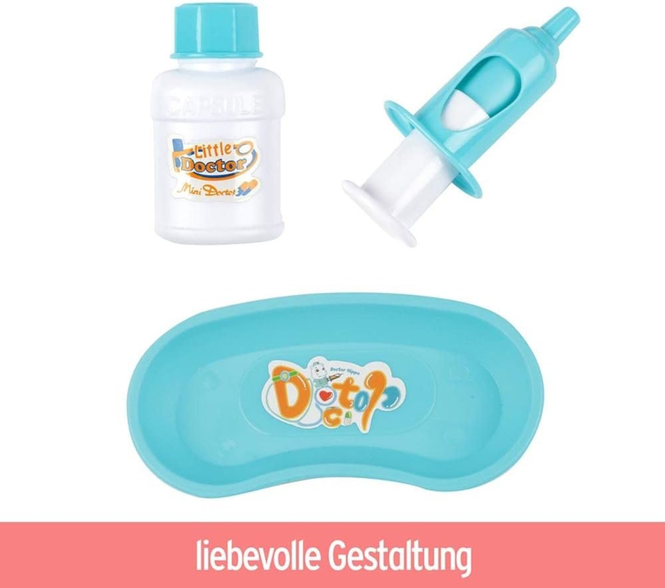Spielzeug-Arztkoffer. Es enthält eine Flasche, eine Spritze und eine Schale. Der Hintergrund ist weiß.