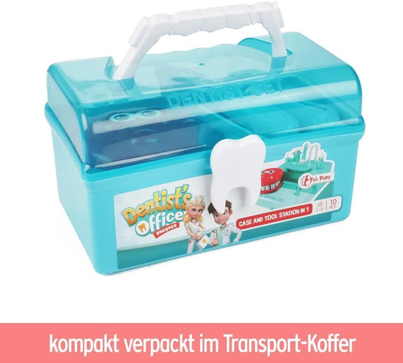 Spielzeug-Zahnarztpraxis-Set. Es ist in einem blauen Koffer. Es gibt einen Zahn und zwei Figuren.