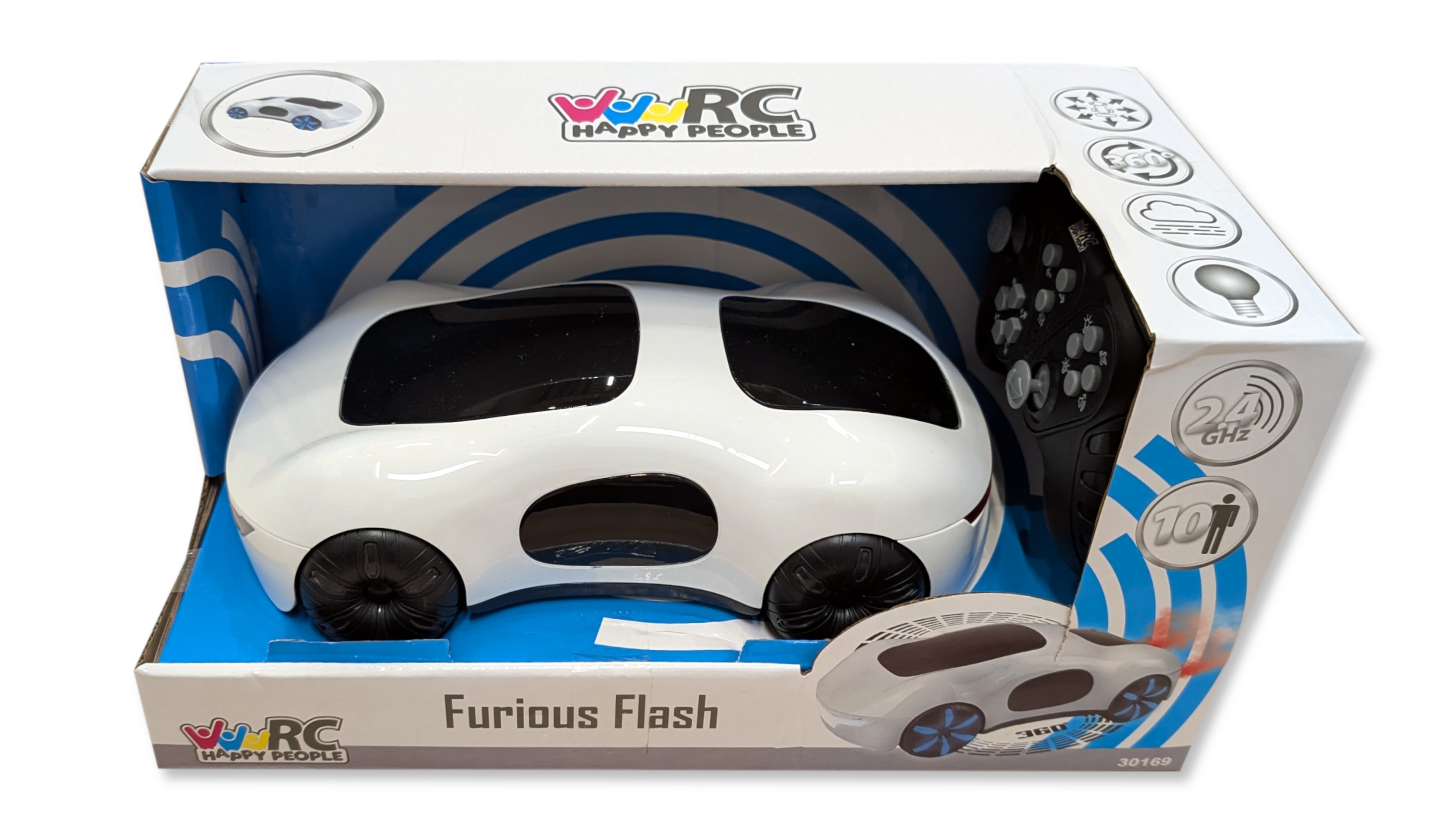 Ein Spielzeugauto in einer Schachtel, mit der Aufschrift 'Furious Flash', mit Fernbedienung.