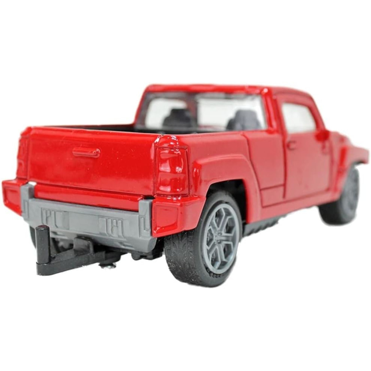 Ein roter Spielzeug-Pickup-Truck. Er ist rot mit einer grauen Ladefläche und einer grauen Anhängerkupplung. Die Räder sind grau.