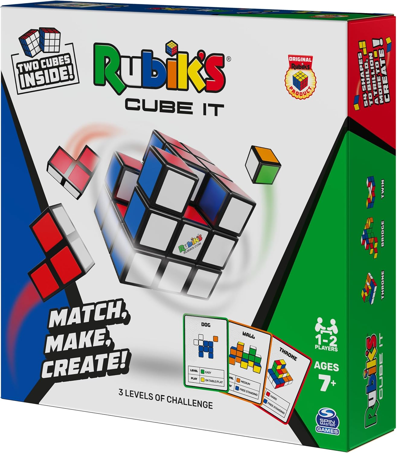 Rubik's Cube It Box mit Rubik's Cube und Karten auf weißem Hintergrund.