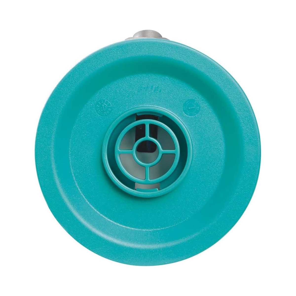 Turkusowy filtr basenowy, okrągła tarcza z centralnym otworem i kratką.