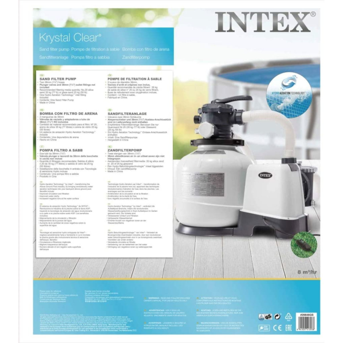 Eine Intex Sandfilterpumpe. Sie ist weiß, mit einem Tank, Schläuchen und einer Pumpe. Text und Warnungen sind sichtbar.