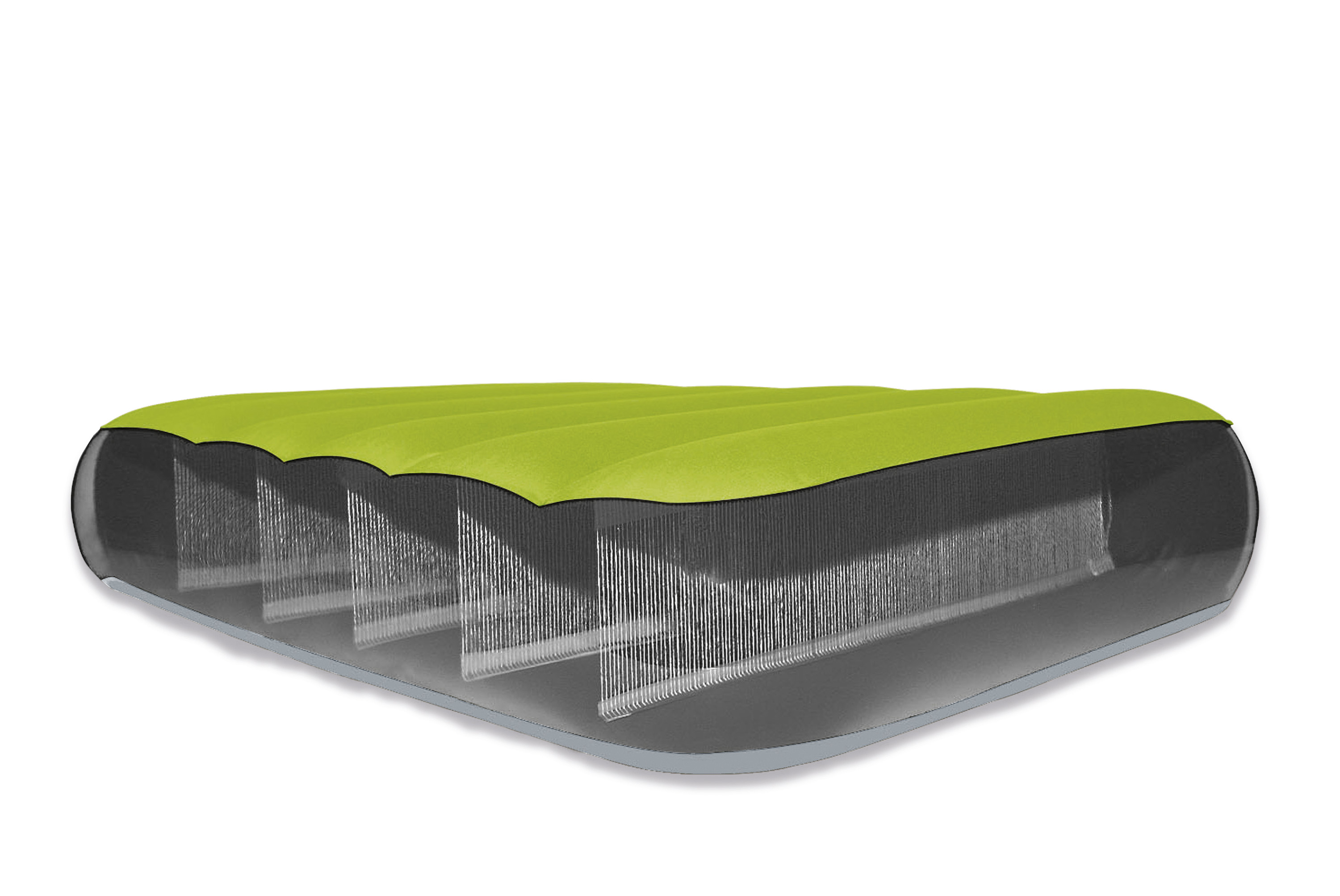 Groen en grijs luchtmatras, doorsnede. Toont de interne structuur. Witte achtergrond.