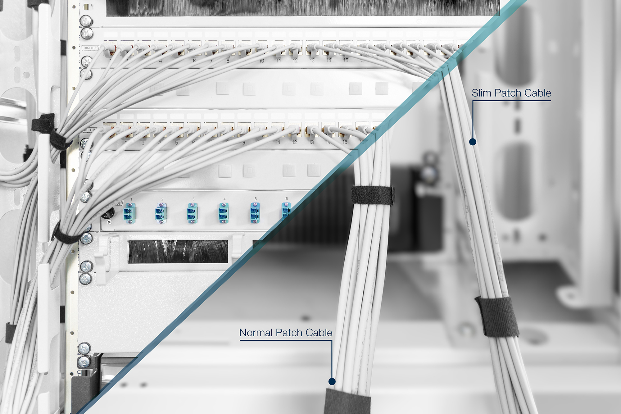 Kable sieciowe w szafie serwerowej, z etykietami "Slim Patch Cable" i "Normal".