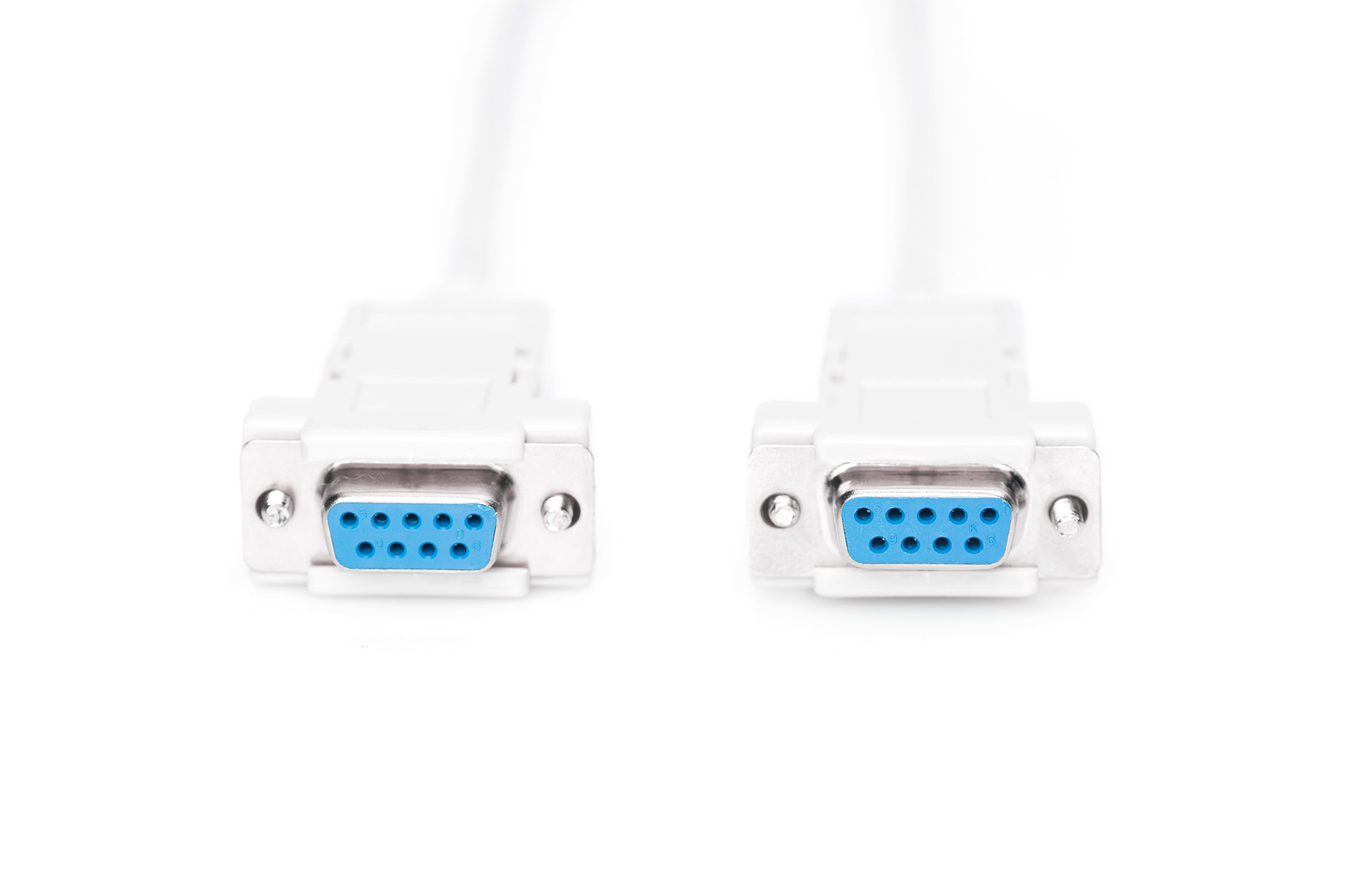 Primo piano di due connettori per cavi seriali bianchi con pin blu.