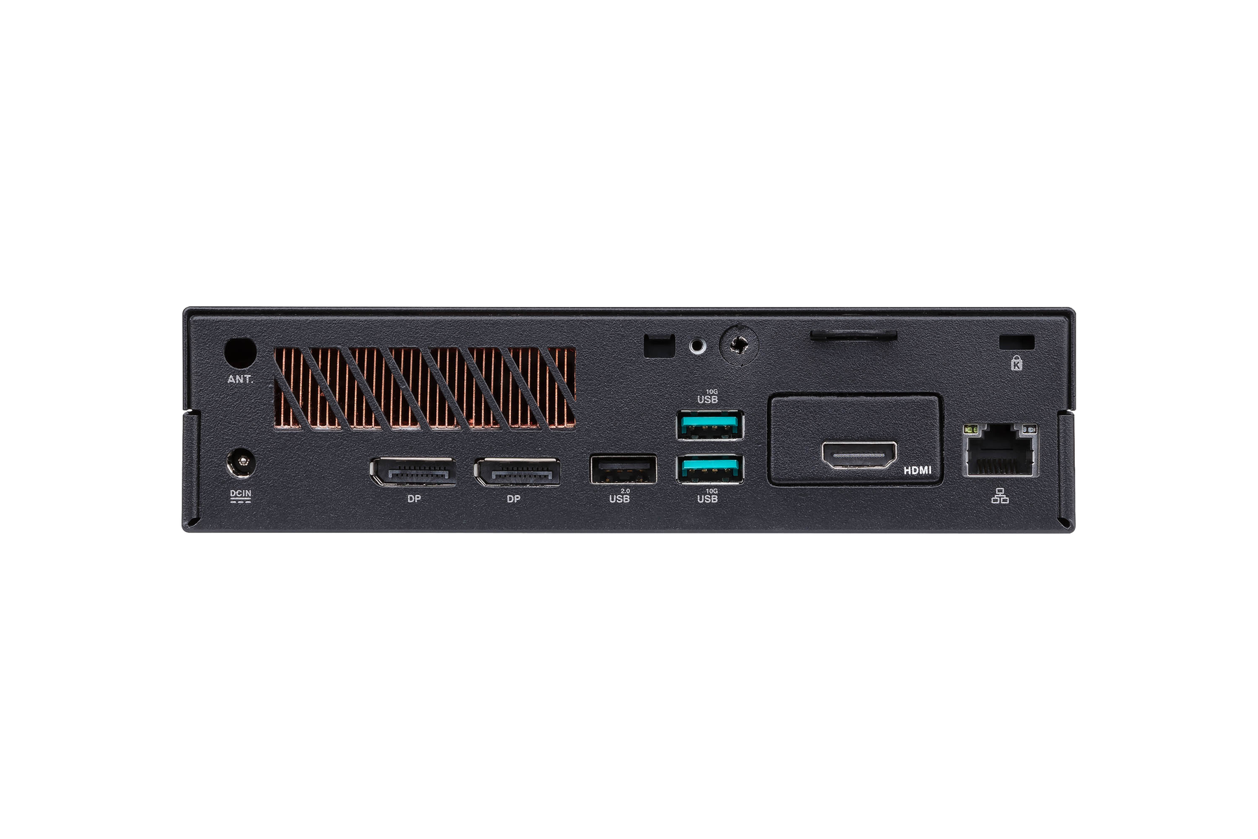 Czarny panel tylny urządzenia komputerowego z różnymi portami.