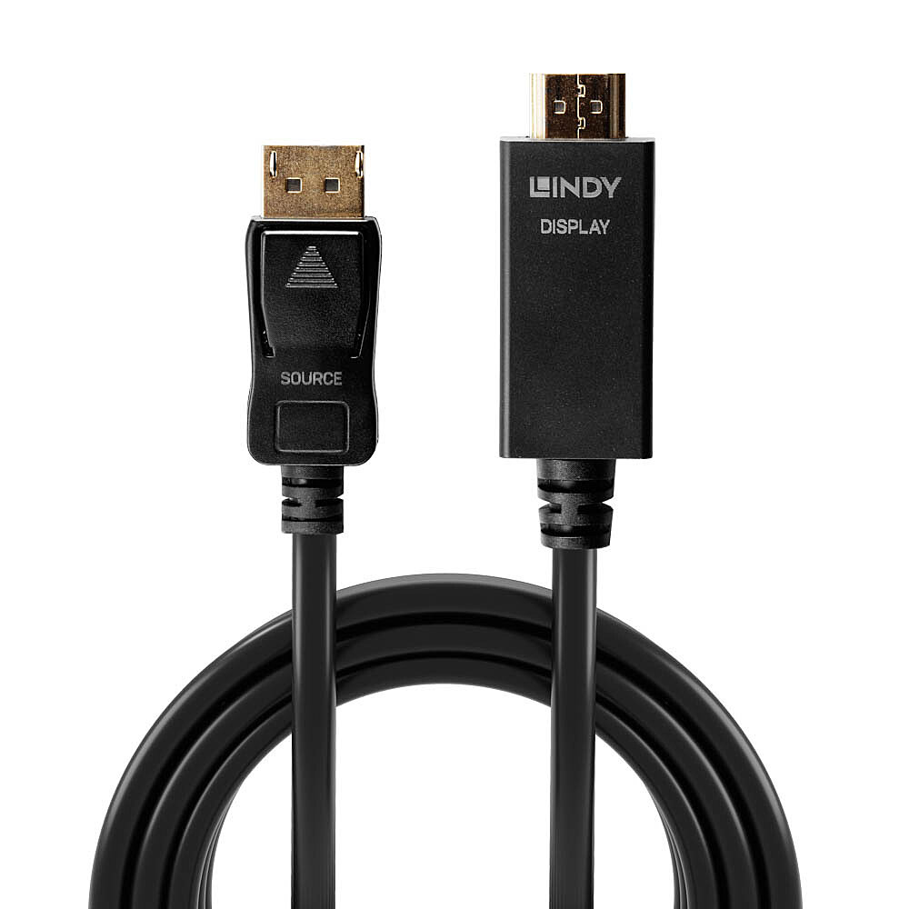 Cable DisplayPort negro con conectores en cada extremo.