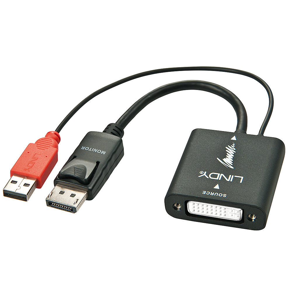 Dispositivo nero con USB rosso e connettore DisplayPort nero. Il marchio è LINDY.