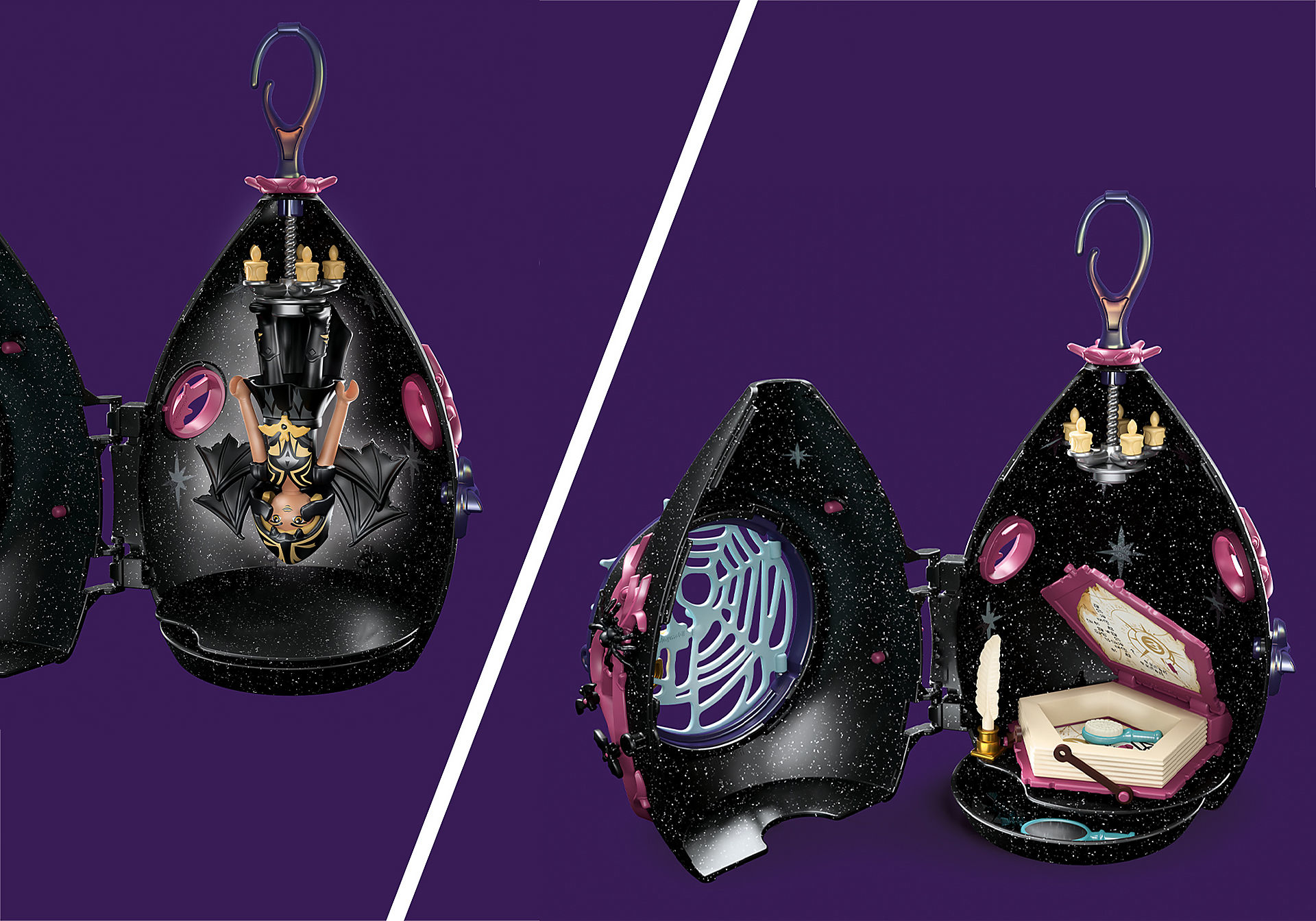 Dwuczęściowy zestaw z zabawkami z nietoperzem i figurką dziewczynki.