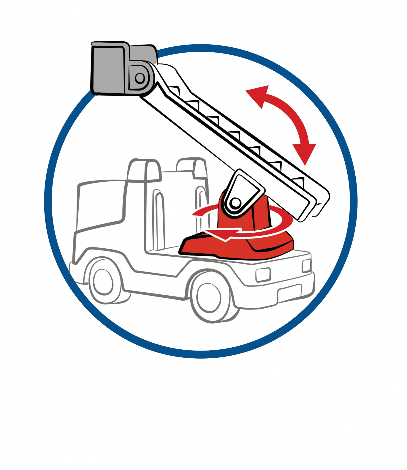 Diagramm eines Feuerwehrautos mit Leiter, in einem blauen Kreis. Weißer Hintergrund.