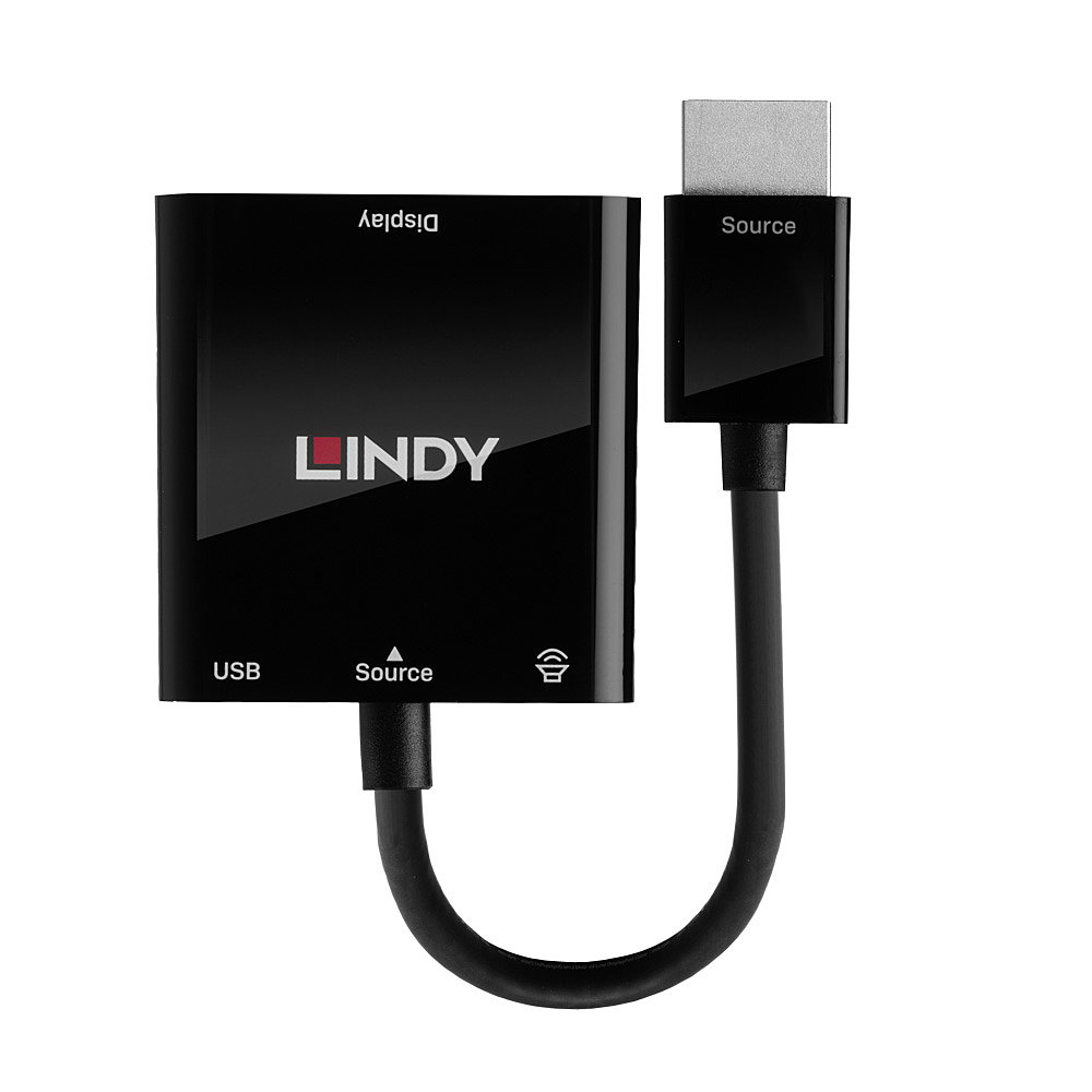 Adaptador LINDY negro con puertos USB y fuente, conectado con un cable.