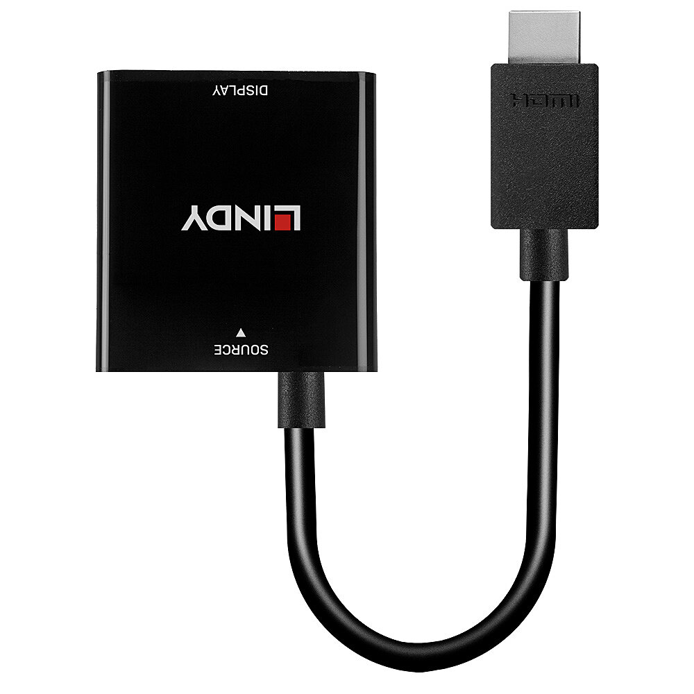 Czarny adapter LINDY z portem HDMI i kablem, oznaczone źródło i wyświetlacz.