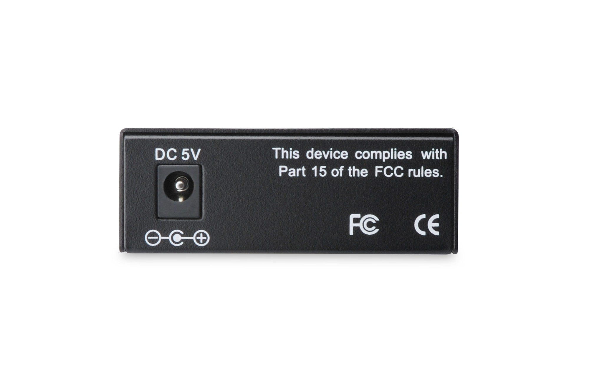 Black device bottom with DC 5V, negative and positive symbols, and FCC, CE marks.
