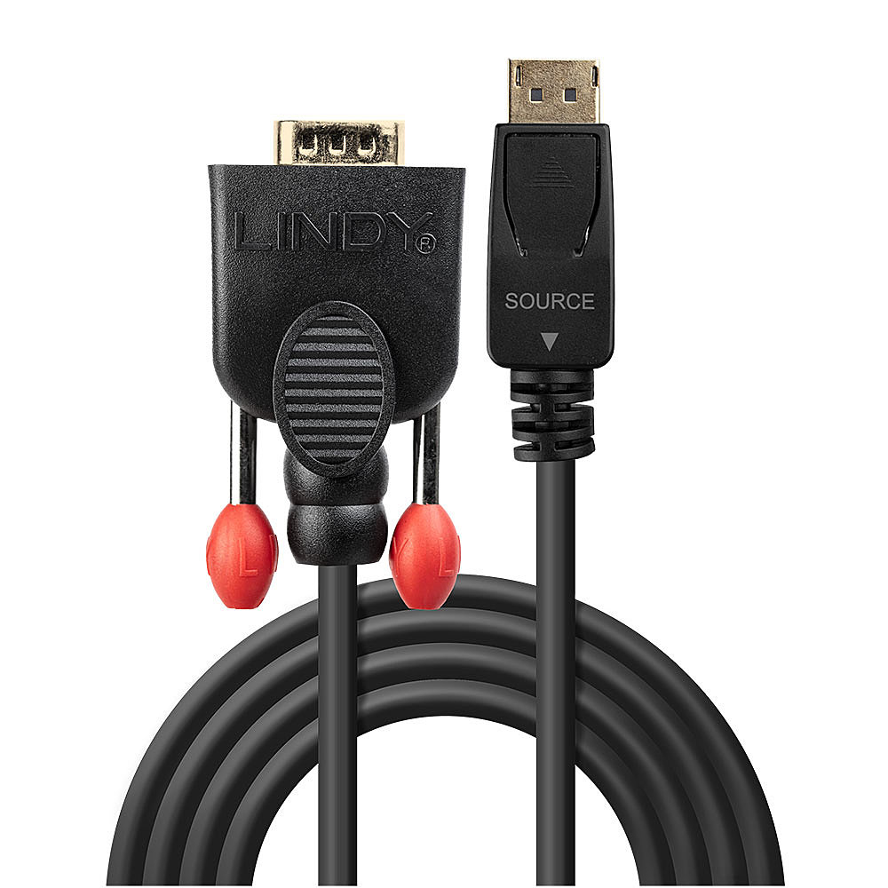 Adaptador LINDY negro con puerto DP, conectores rojos y negros y cable. Fuente marcada.