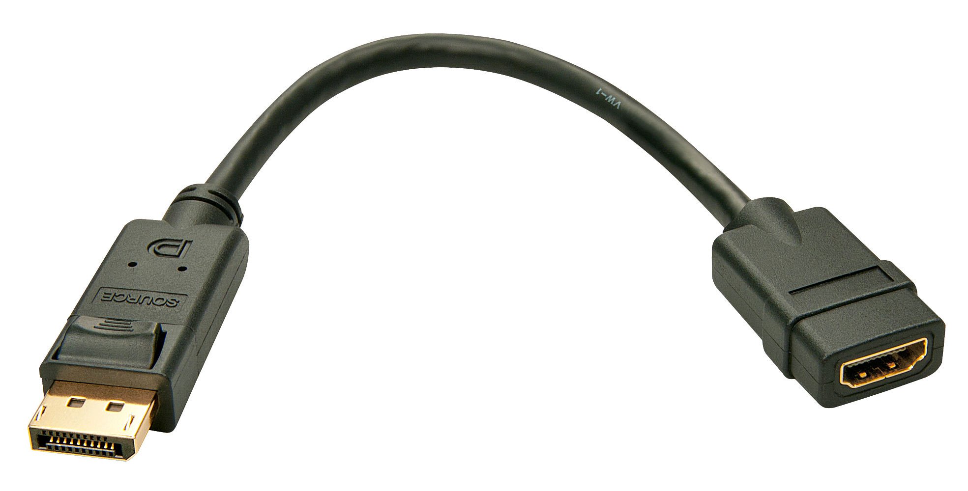 Schwarzes DisplayPort-zu-HDMI-Adapterkabel. Weißer Hintergrund.