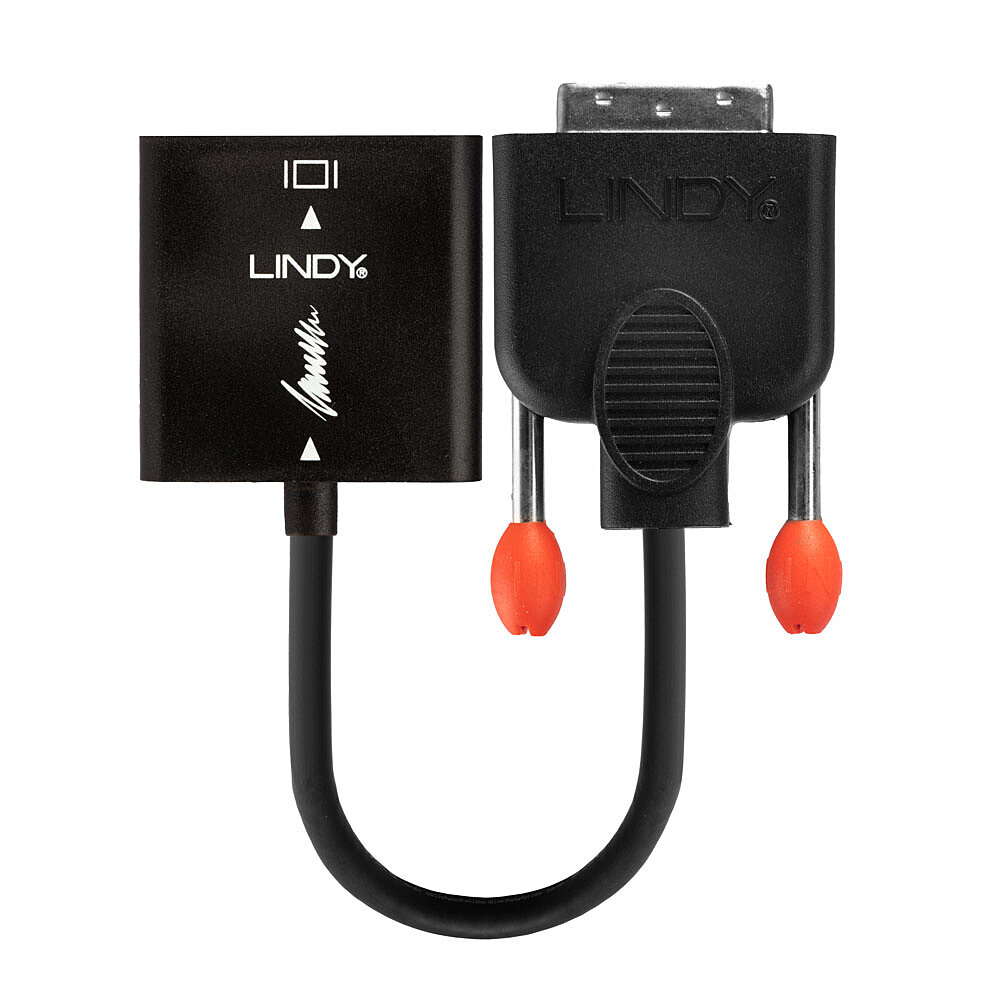 Adattatore nero: un lato con porta HDMI, l'altro con DVI. Sfondo bianco.