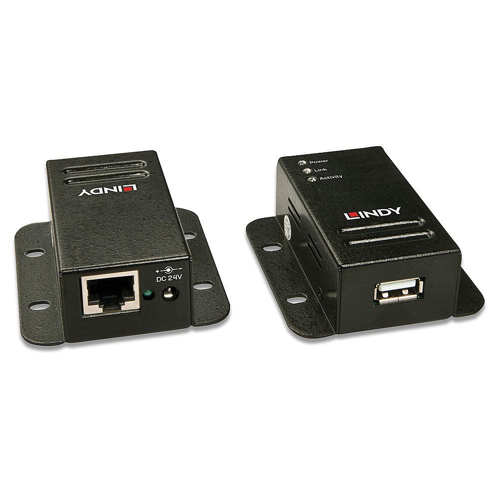 Schwarze LINDY-Konverter mit RJ45- und USB-Anschlüssen, mit Strom-, Link-, Aktivitätsanzeigen.