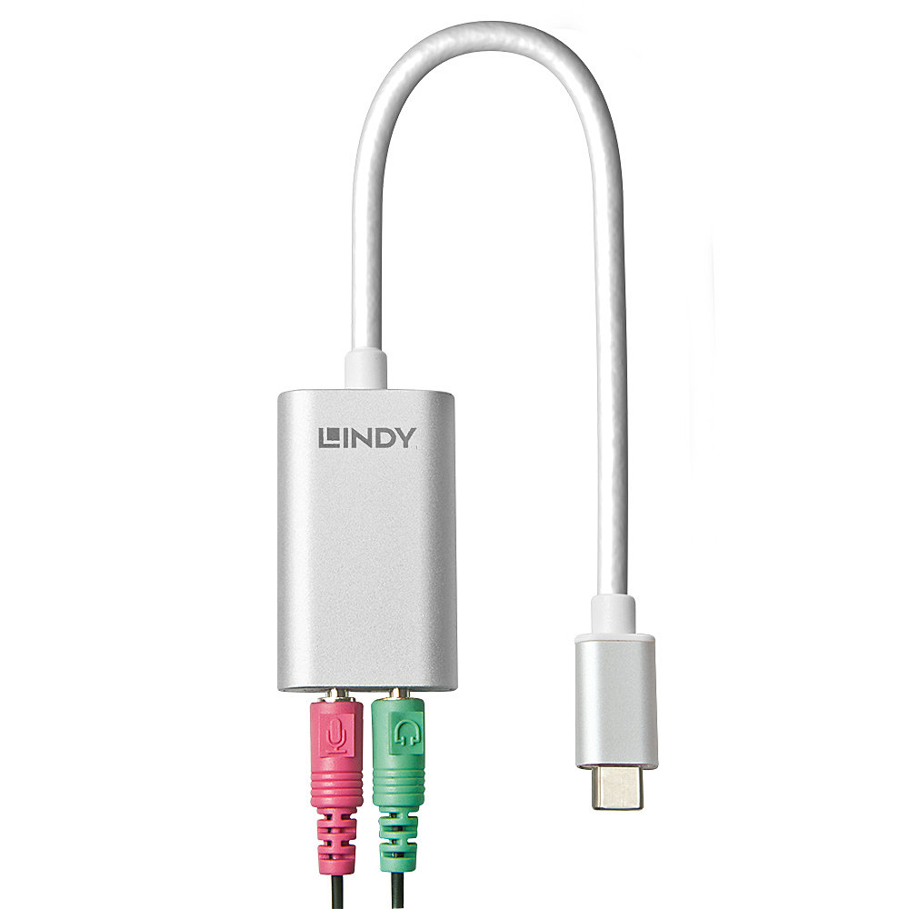 Adattatore LINDY argento con connettori audio verdi e rosa e una porta USB-C.