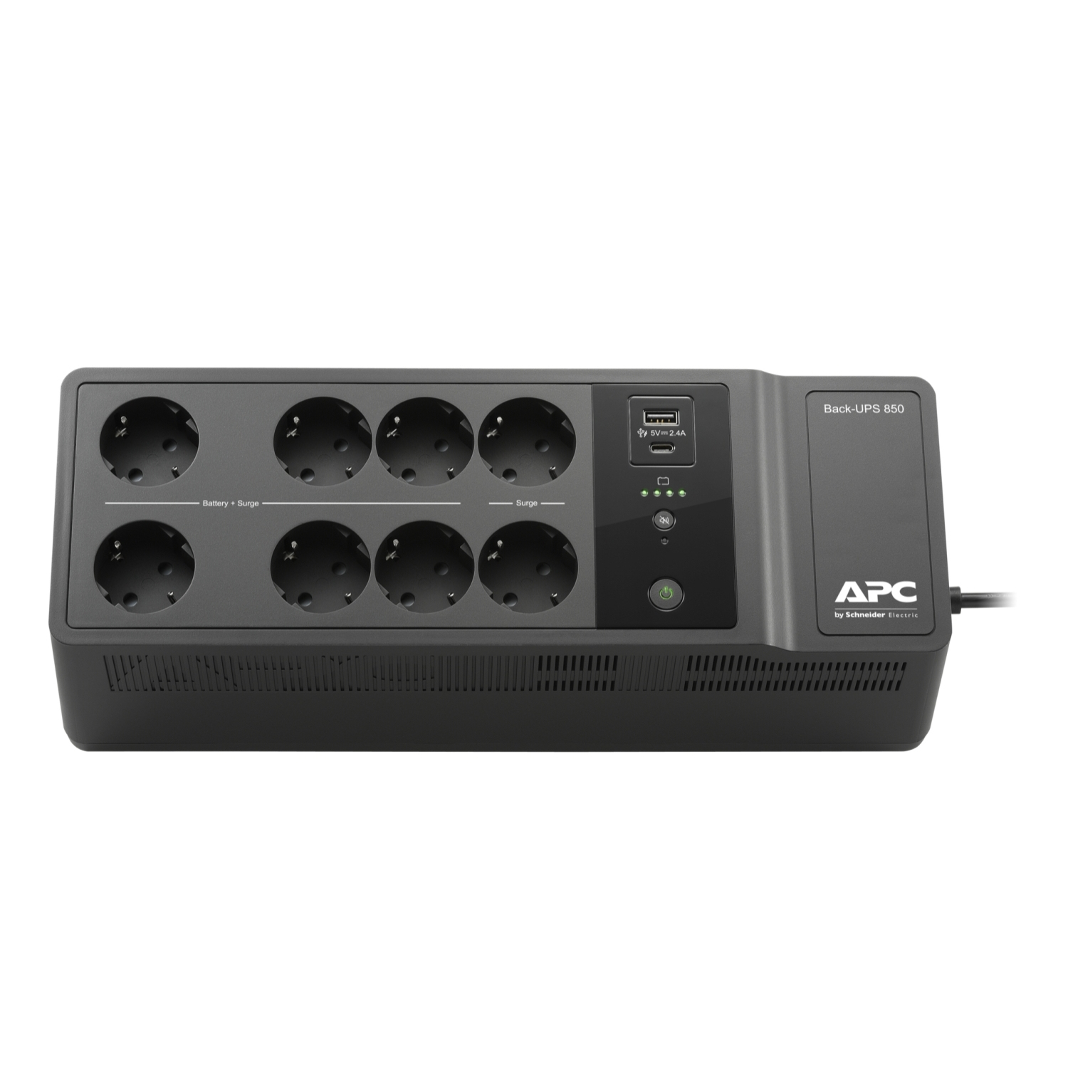 APC Back-UPS 850 negro con múltiples enchufes, puerto USB y un botón de encendido.