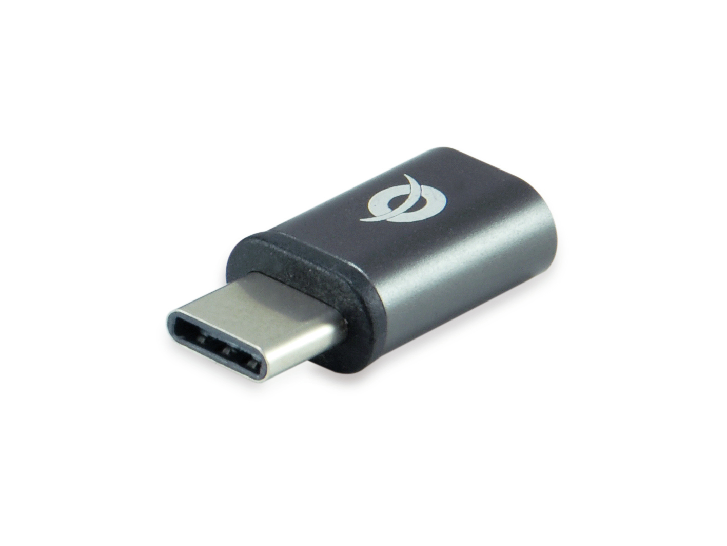 Adattatore USB-C nero con connettore argentato su sfondo bianco.