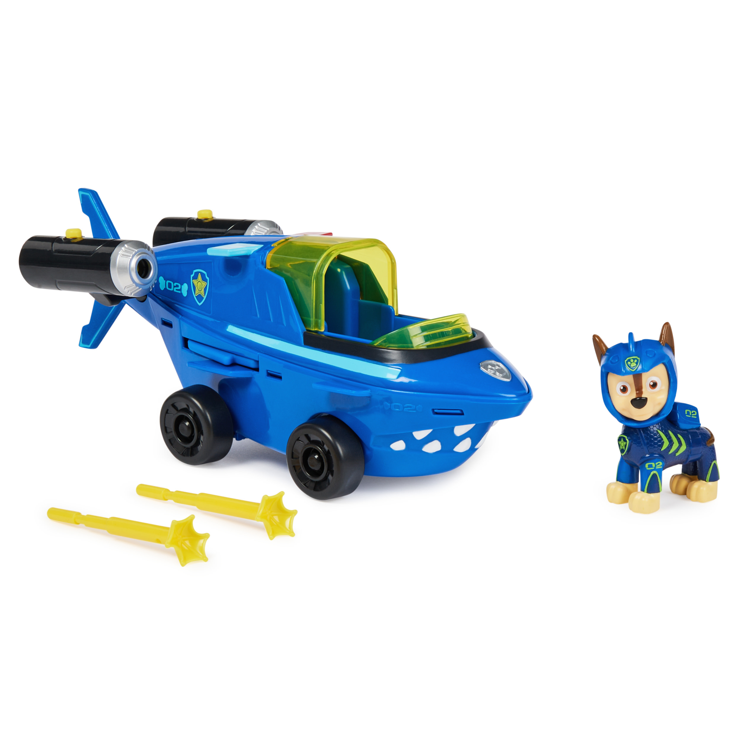Blaues Spielzeugboot mit Hundefigur und gelben Spielzeugprojektilen, alles auf weißem Hintergrund.