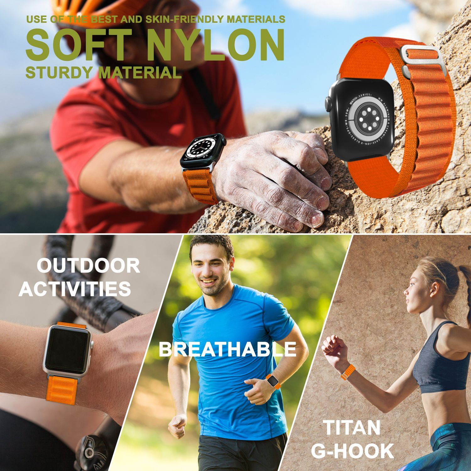 Oranges Uhrenarmband mit schwarzem Zifferblatt und Text über Outdoor-Aktivitäten.