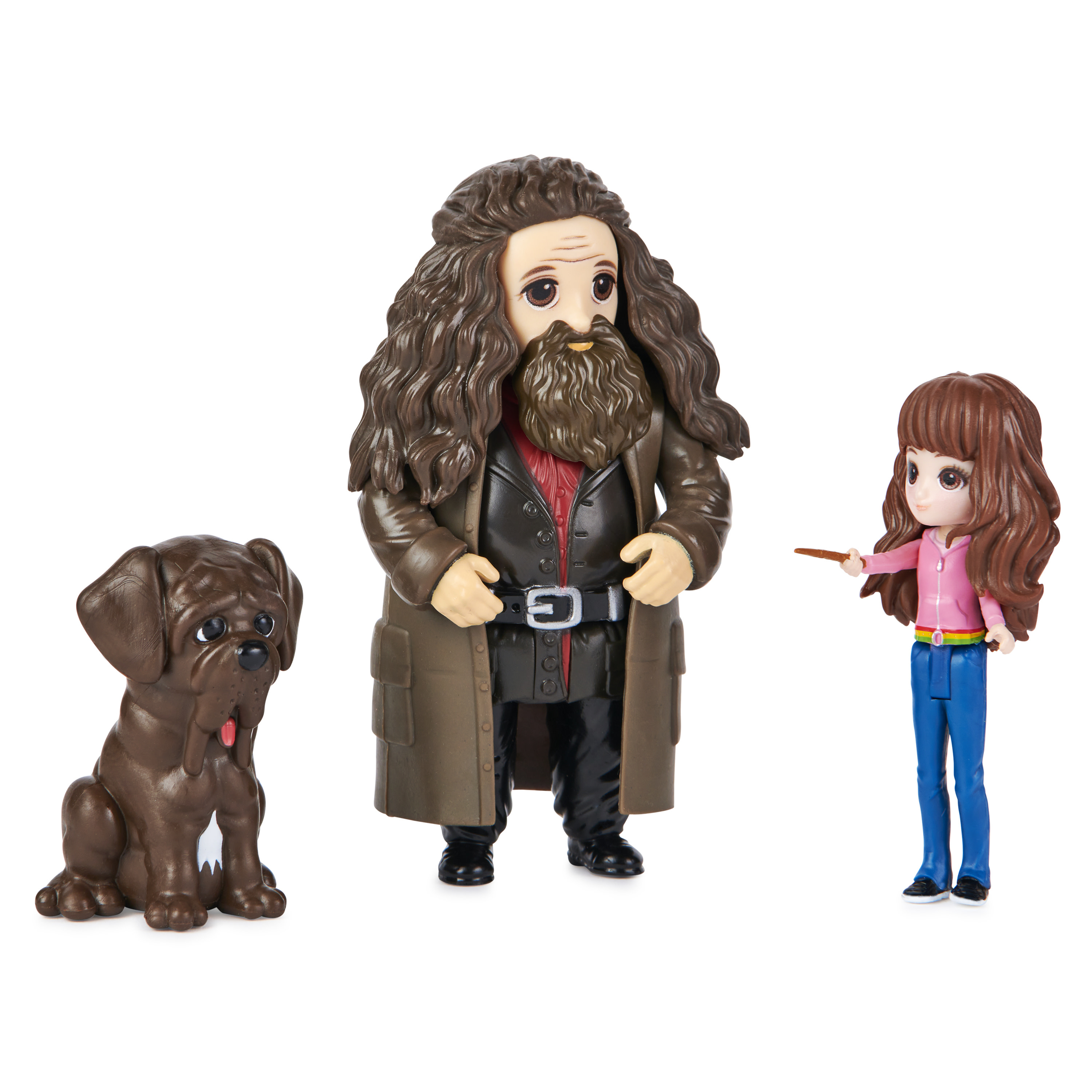 Trzy figurki Harry'ego Pottera na białym tle: Hagrid, Hermiona i pies.